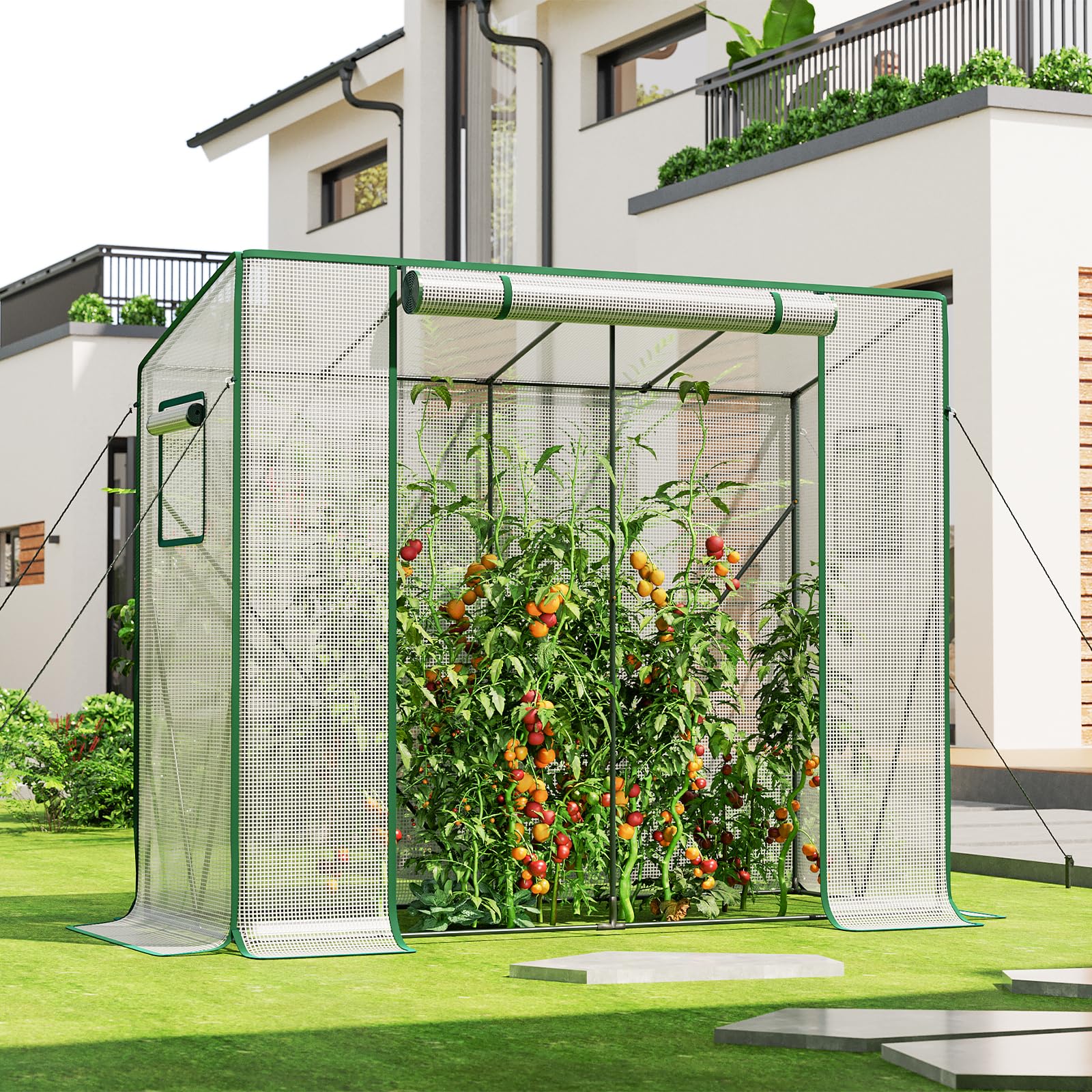 LARMNEE Tomaten Gewächshaus, Foliengewächshaus, Tomatengewächshaus Balkon, Tomatenhaus Stabil, 200 x 77,5 x 170 cm, mit PE Gitterfolie und Fernster, Schrägdach, Garten, Weiß EWT30GH02G3