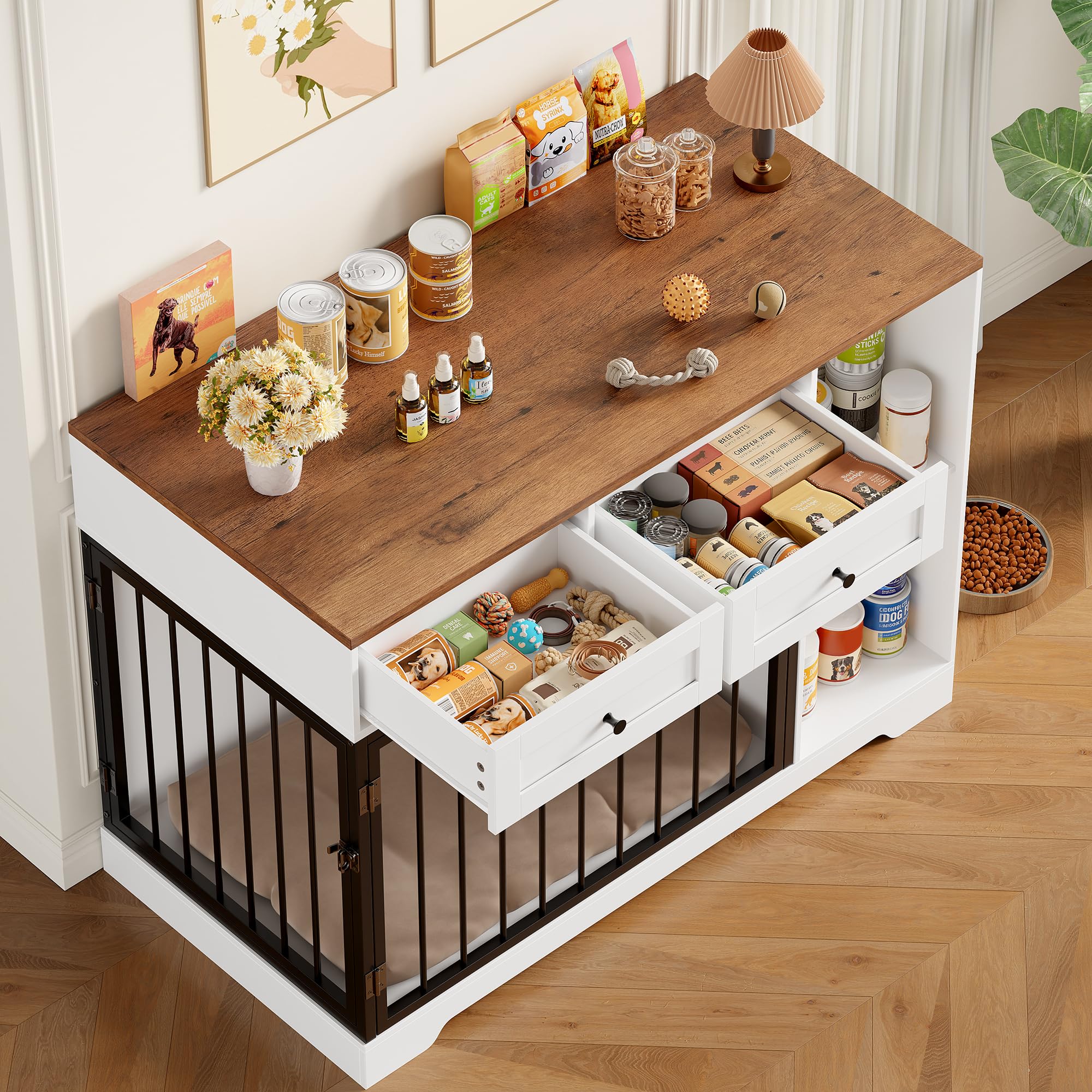 FirFurd 120cm Gabbia per Cani con 2 Porte, Kennel Cane Medio con 2 Cassetti e 2 Scomparti Aperti, Cuccia in Stile Mobili con Stoccaggio in Metallo e Legno, 120x60x87 cm (Bianco+Marrone)