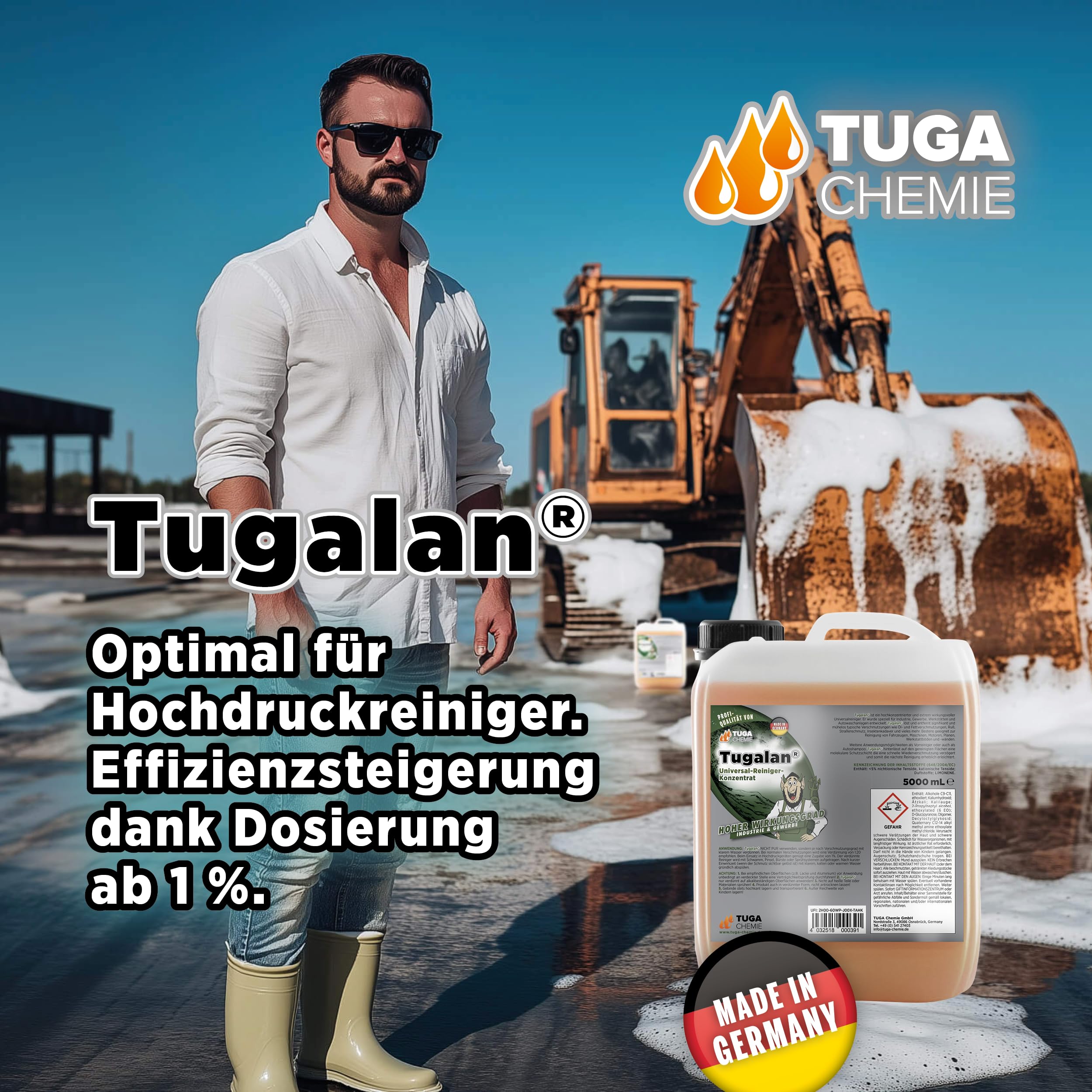 Tuga Chemie Tugalan Werkstattreiniger Konzentrat, 5 L Kanister, kraftvoll | Industrie- & Werkstattreiniger gegen Öl, Fett & Schmutz, Hochkonzentriert, Vielseitig Einsetzbar, Made in Germany