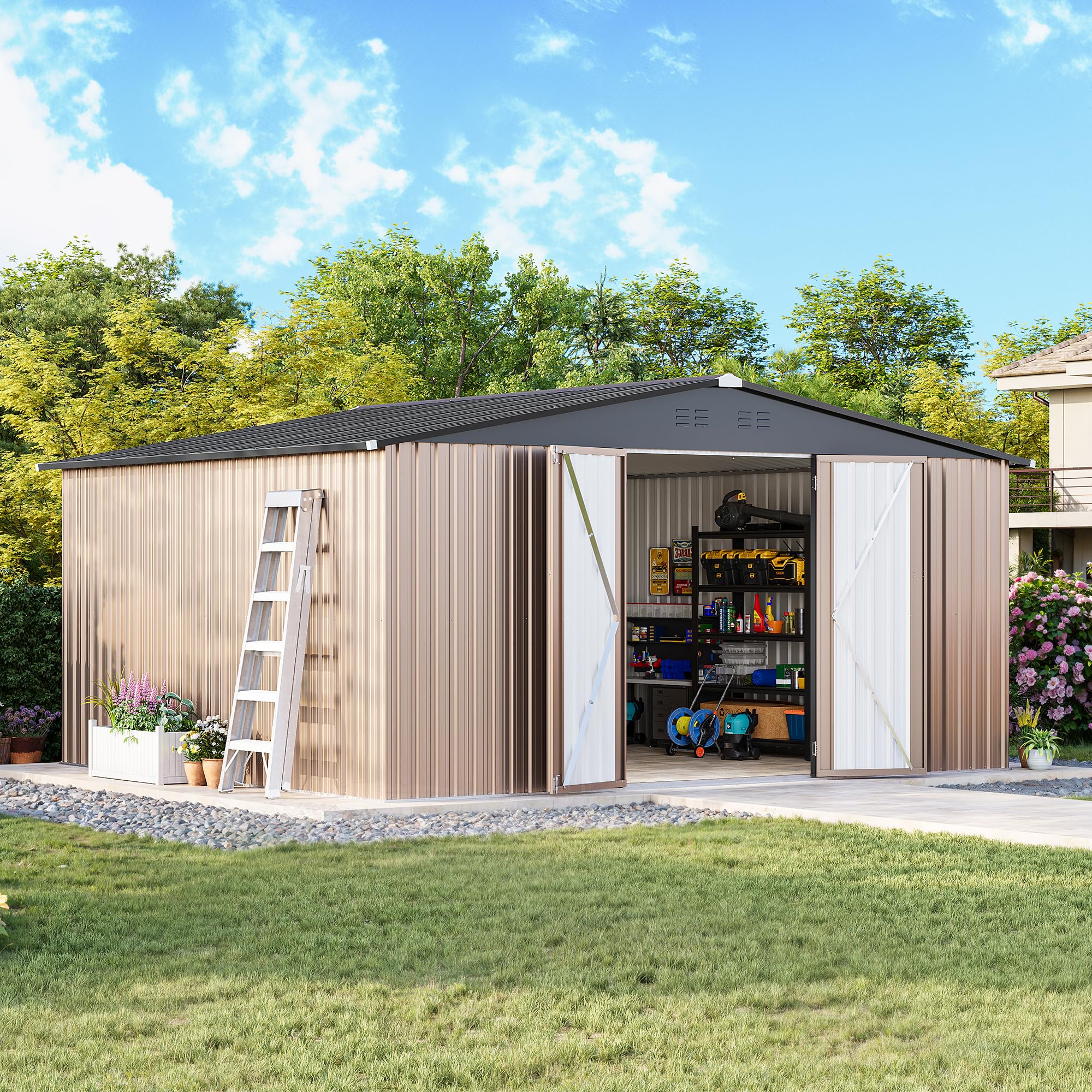 View 1 of **PARTIAL SET, ONLY THE ROOFING PIECES** MXV Outdoor Storage Shed, 14x12 FT, Brown