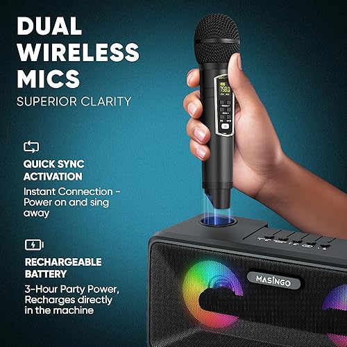 Miniatura 3 de MASINGO máquina de karaoke para adultos y niños, con altavoces Bluetooth portátiles, 2 micrófonos inalámbricos, luces LED, sistema PA y modo karaoke