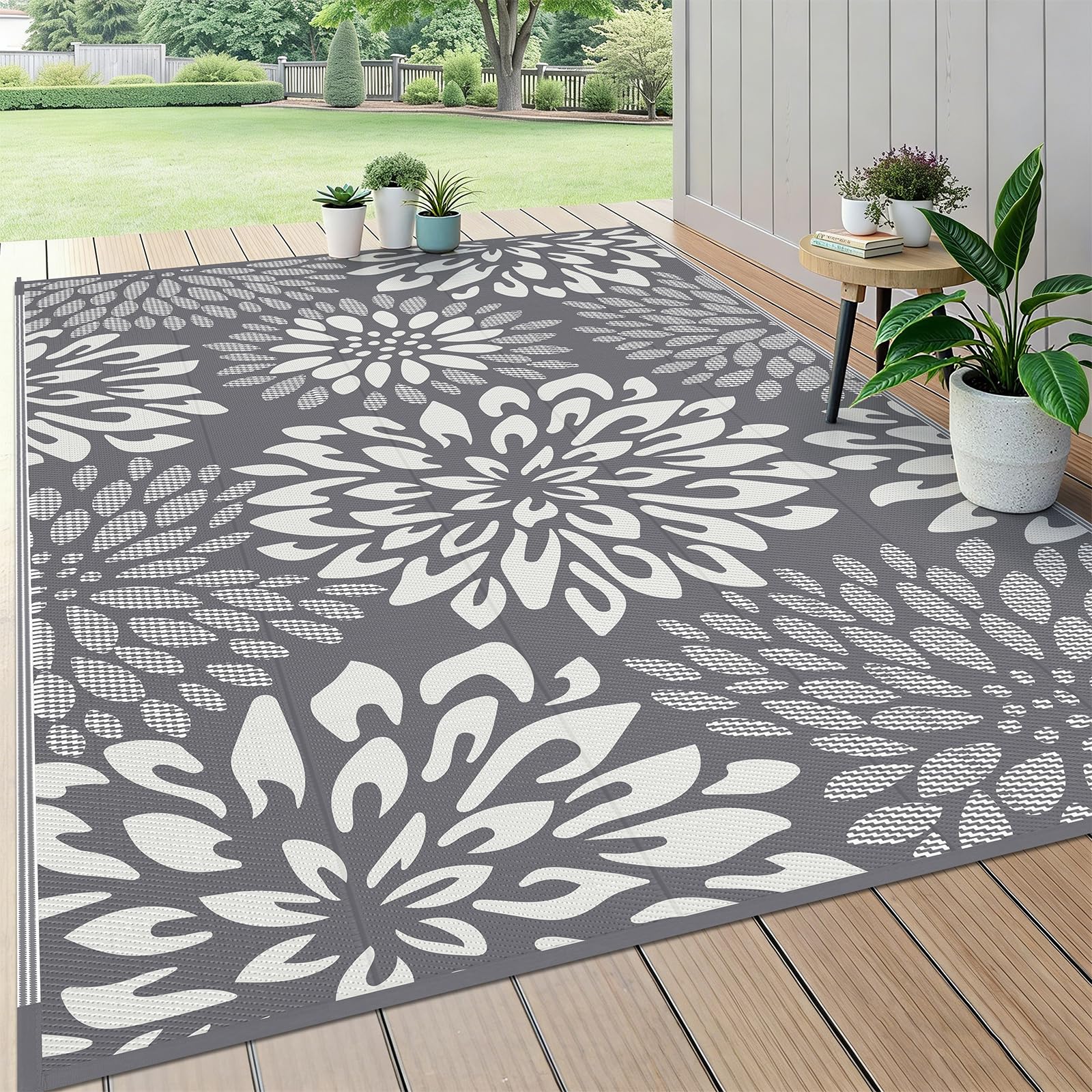 HEBE Waterproof Outdoor Rug 6'x9', Floral Reversible Plastic Patio Rug