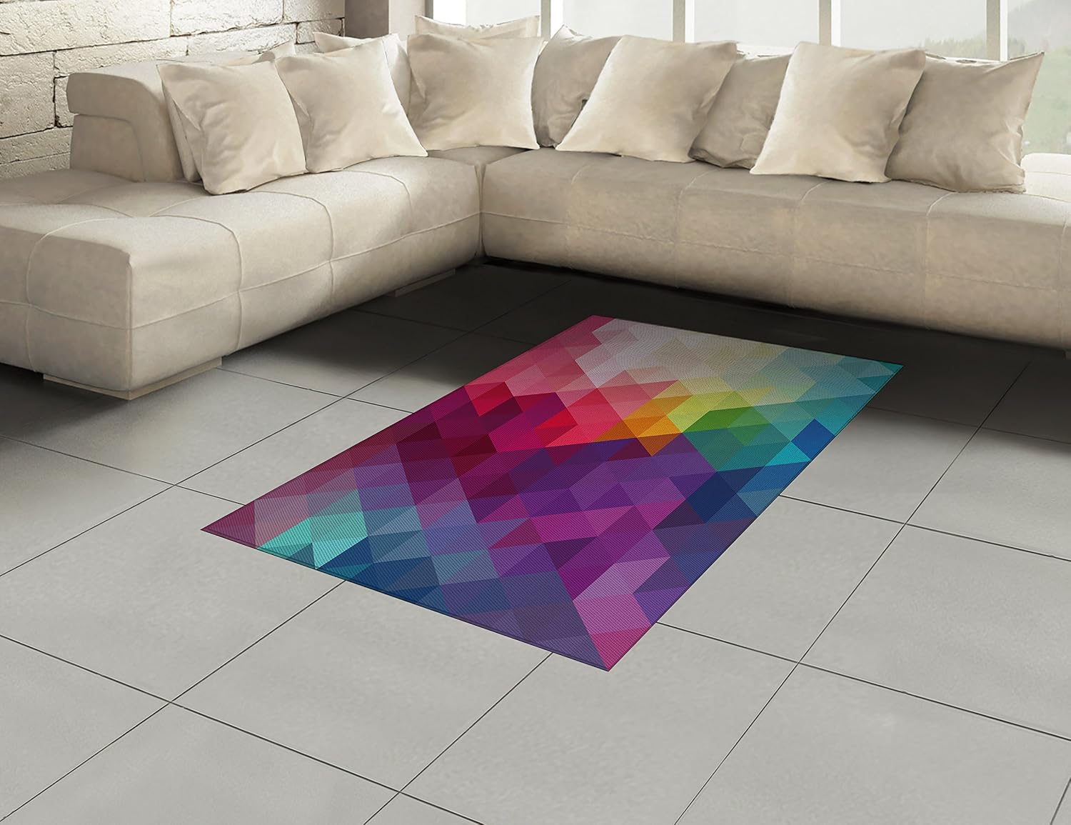 Lunarable Rainbow Area Rug, Colorful Abstract Geometric Pattern with Triangles Polygon and Other Shapes Rainbow, Flat Woven Accent Rug for Living Room Bedroom Dining Room, 4' X 5.7', Pink Magenta