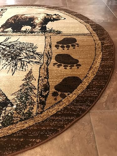 Miniatura 5 de Alfombra redonda estilo cabaña con diseño de oso grande, alce de campo, beige, marrón, verde, 362 (5 pies 5 pulgadas x 5 pies 5 pulgadas)