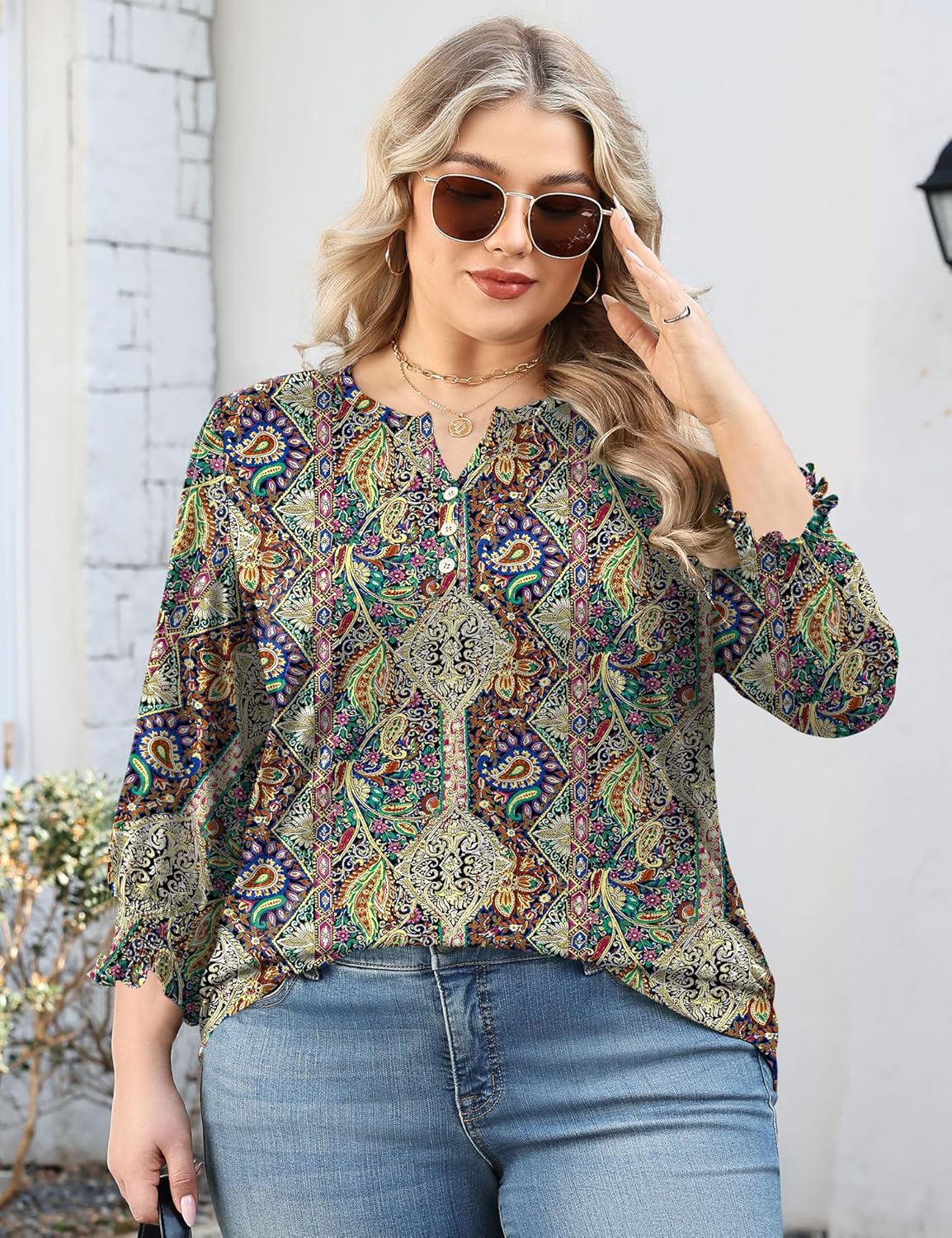 LOMON Womens Plus Size Tops 3/4 Length Sleeve Womens Tops Casual V Neck Loose Fit Blouses 1X-5X - Image 5