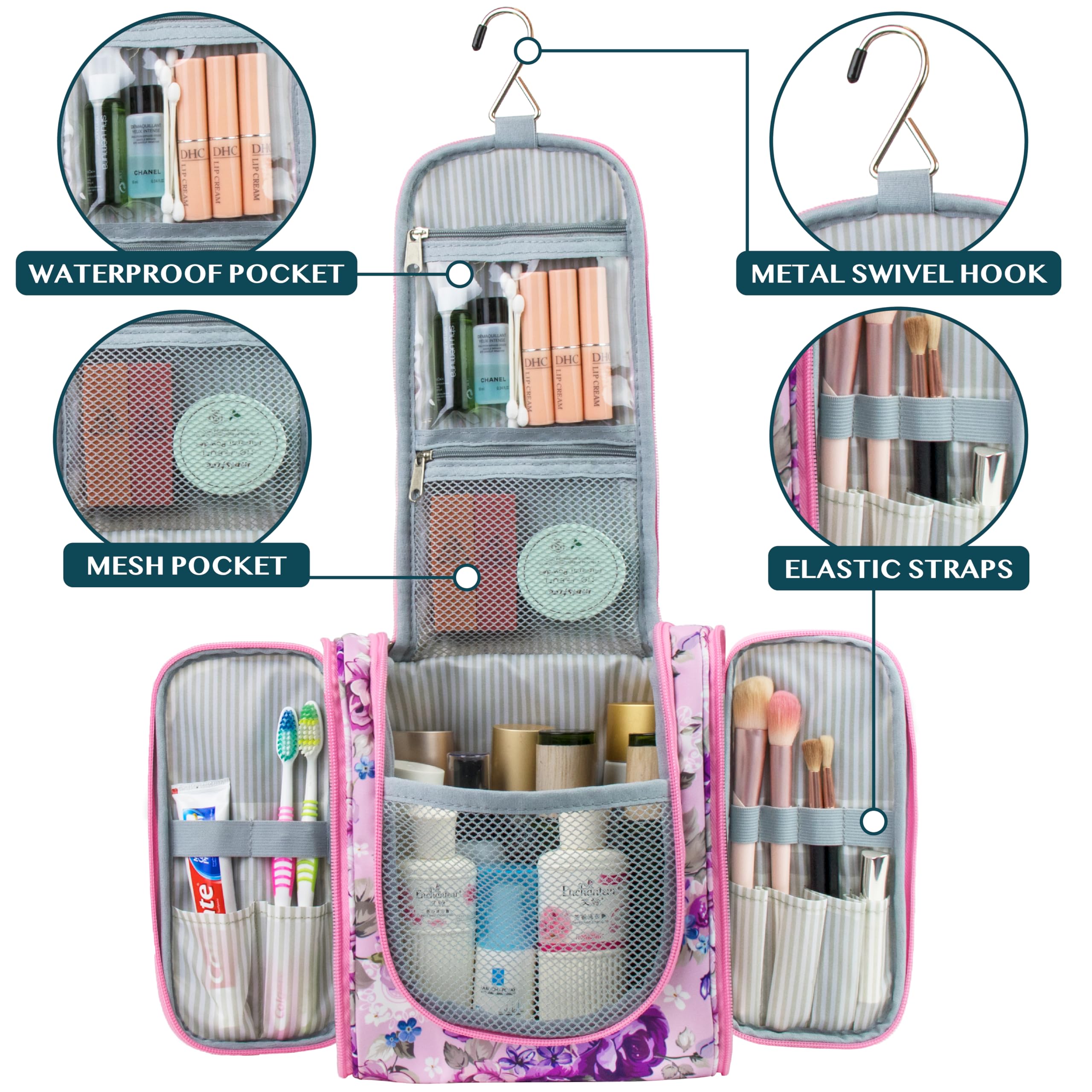 PAVILIA Beauty case da viaggio da appendere per donne e uomini, organizer per articoli da toeletta da bagno, rosa, Standard (9x4x9), Beauty case