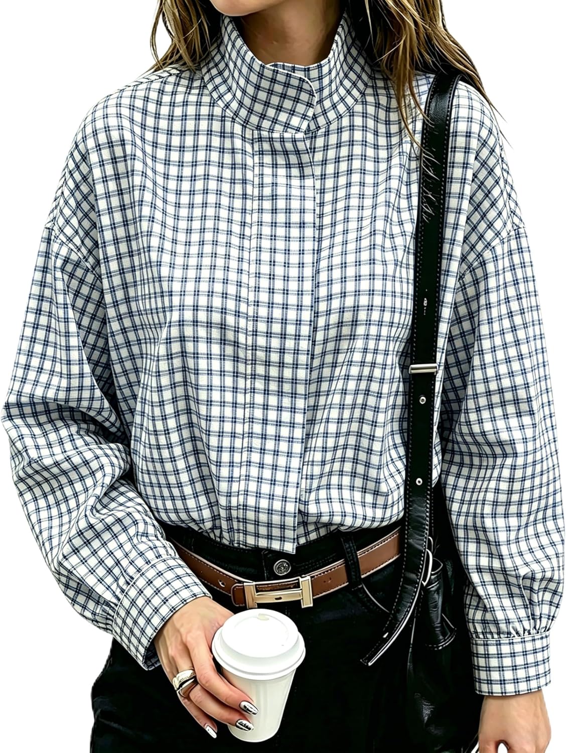 Women's Gingham Long Sleeve Jacket Zip Up Stand Collar Cropped Coat Ruffle Hem Vintage Casual Outerwear Spring Fall