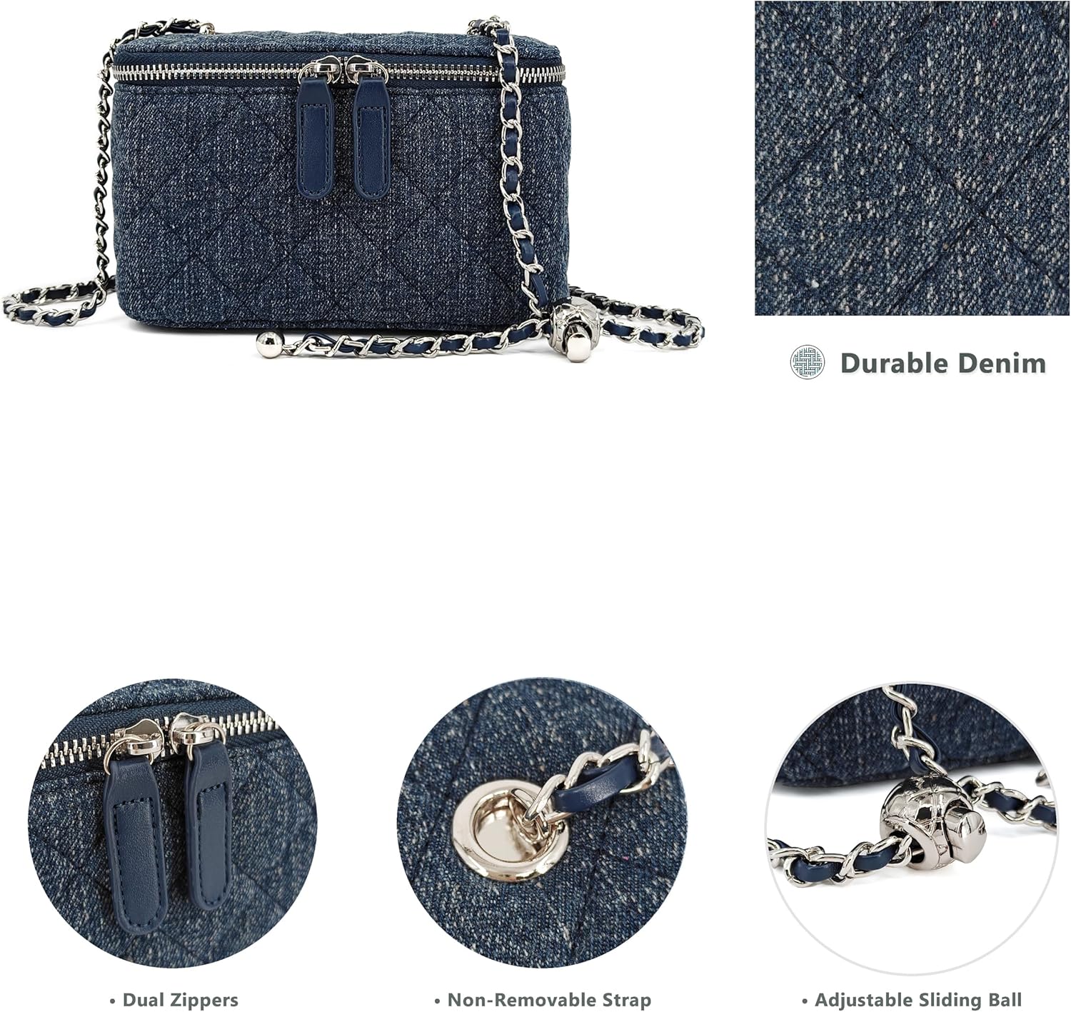 Mini Quilted Denim Crossbody Bag for Women, Small Jean Purse with Adjustable Chain Strap, Boxy Designer Vanity Case - Image 4
