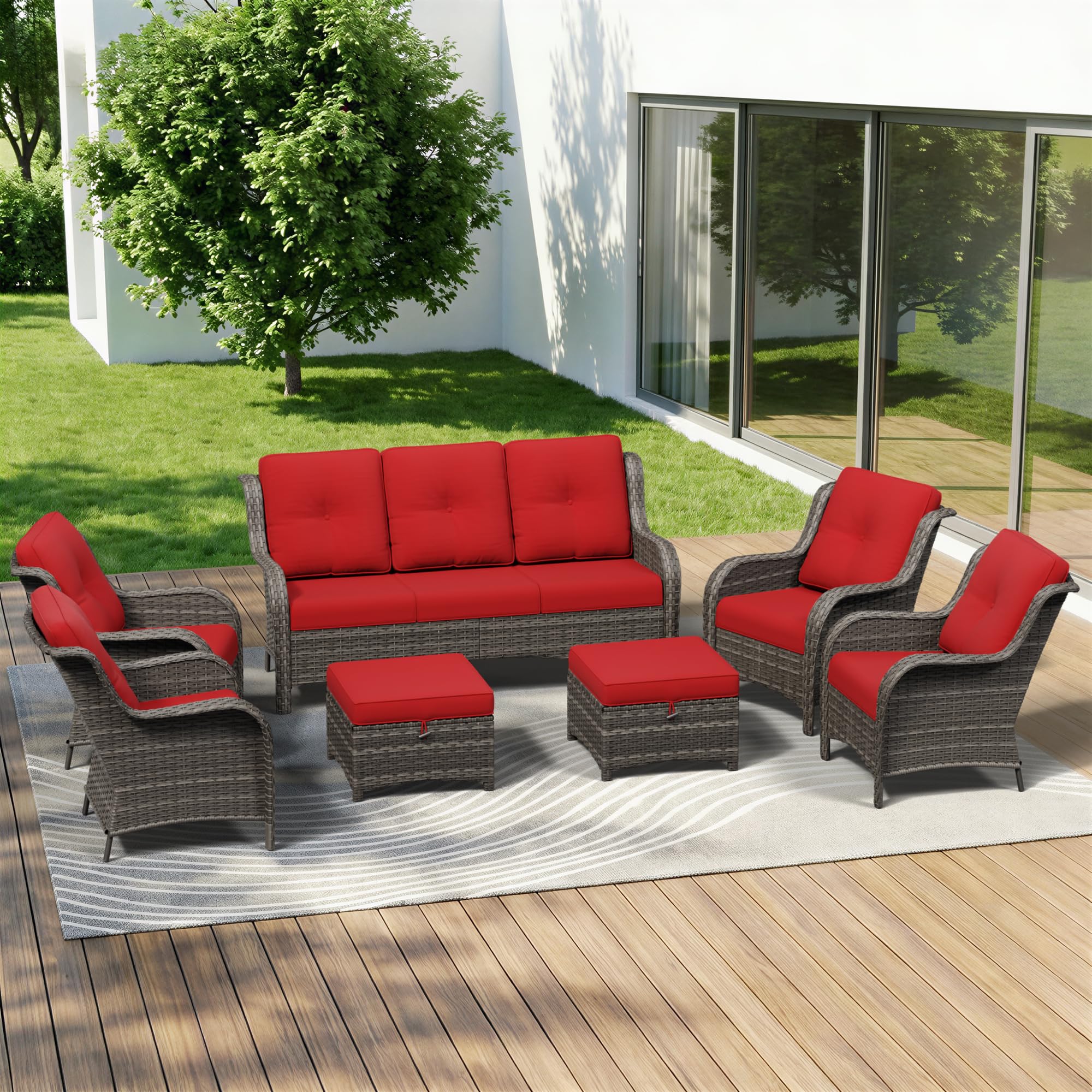 7 Piece Outdoor Wicker Patio Furniture Set, Patio Chairs Set with Thickened Olefin Cushions, High Back and Deep Seating, Hand-Woven PE Rattan, Ottoman for Porch, Deck