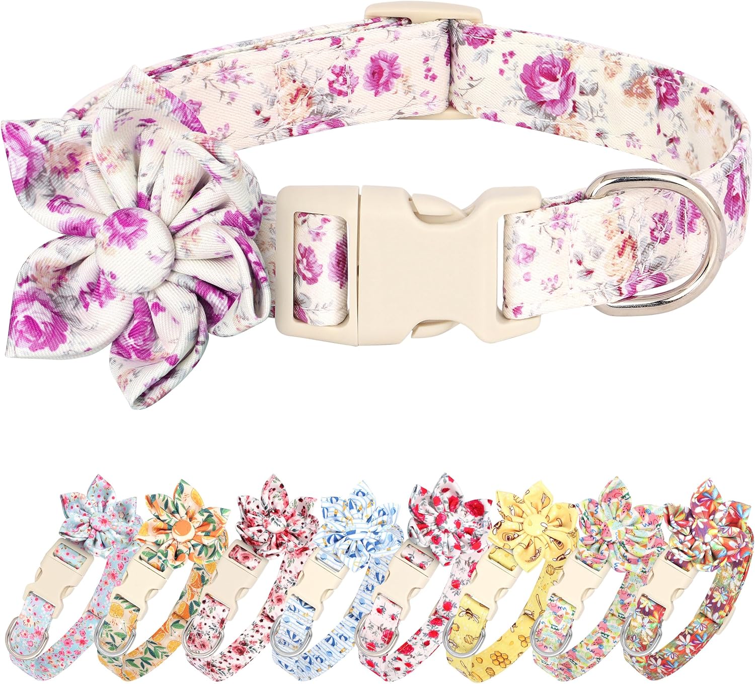 Beirui Cute Spring Dog Collar with Flower, Lightweight Soft Girl Dog Collar for Female Male Dogs, Adjustable Floral Pet Collar for Small Medium Large Dogs(Purple Flower,L:14-23") L A-Purple