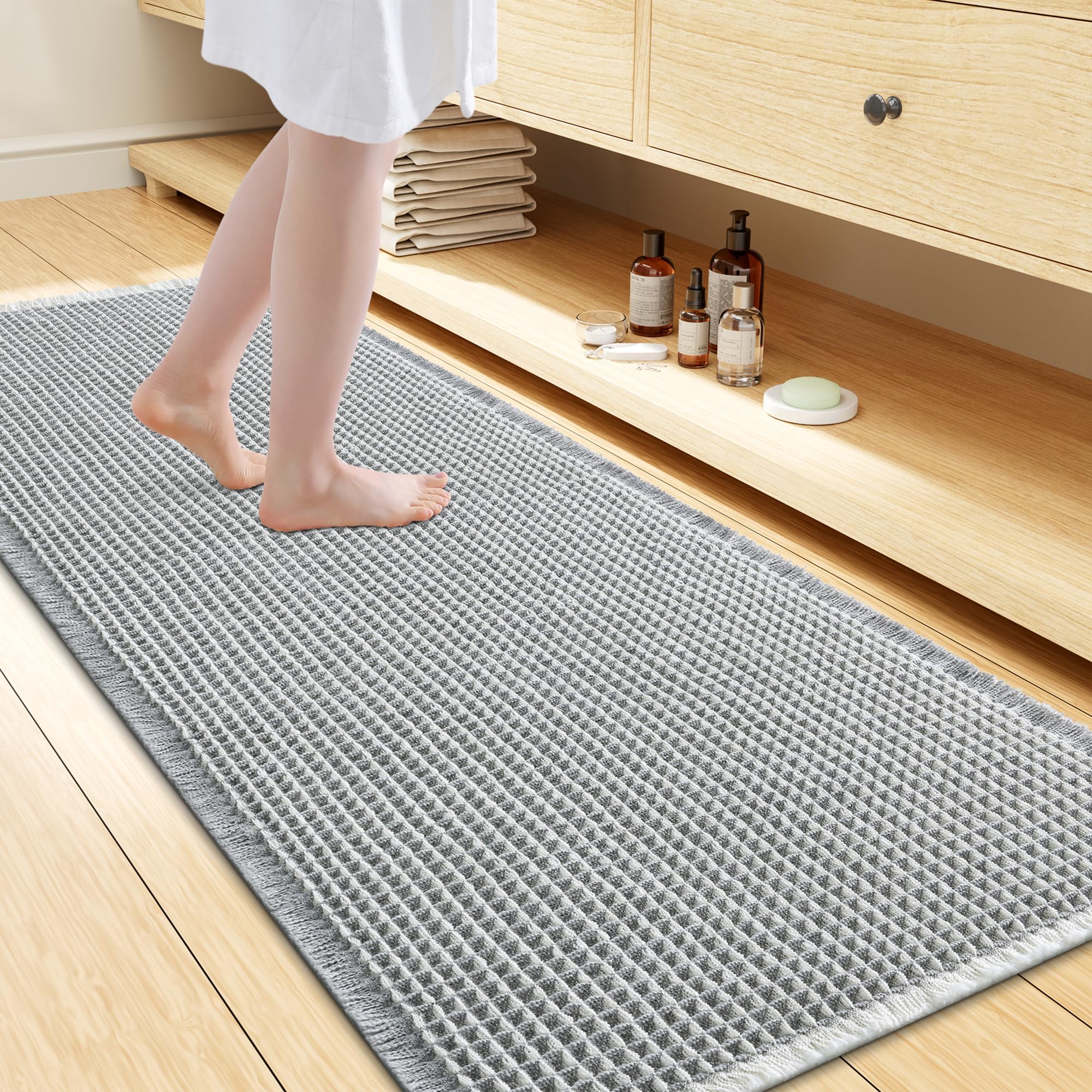 Smiry Waffle Bath Mat 60X24, Soft Absorbent Bathroom Rug, Lightgrey &amp; Cream