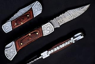 Damascus steel back lock folding knife with leather sheath, 7 inches long with 3.5inches long Blade, 2 tone Brown wood scale with Flower embossed steel bolster and pommel.