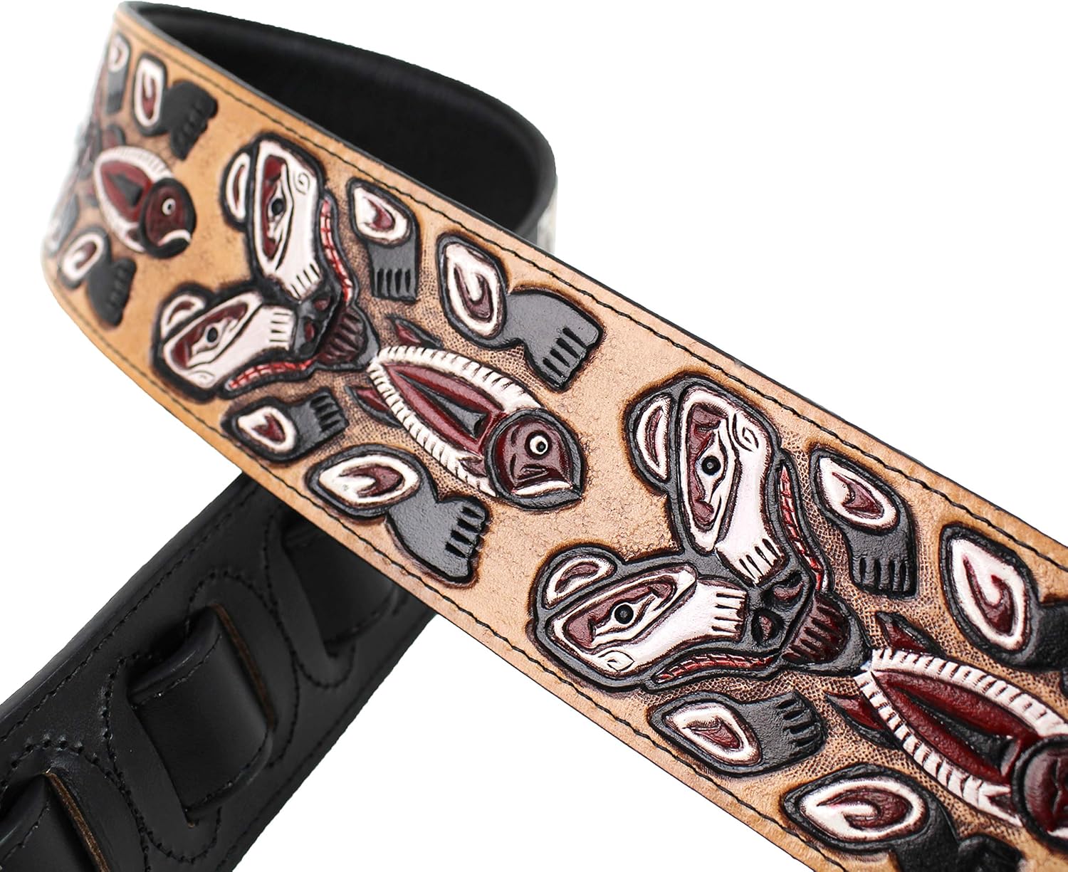 Walker And Williams LHR-23 Handmade Black Premium Carved Leather Guitar Strap With Bear Totem Carving For Acoustic, Electric, And Bass Guitars
