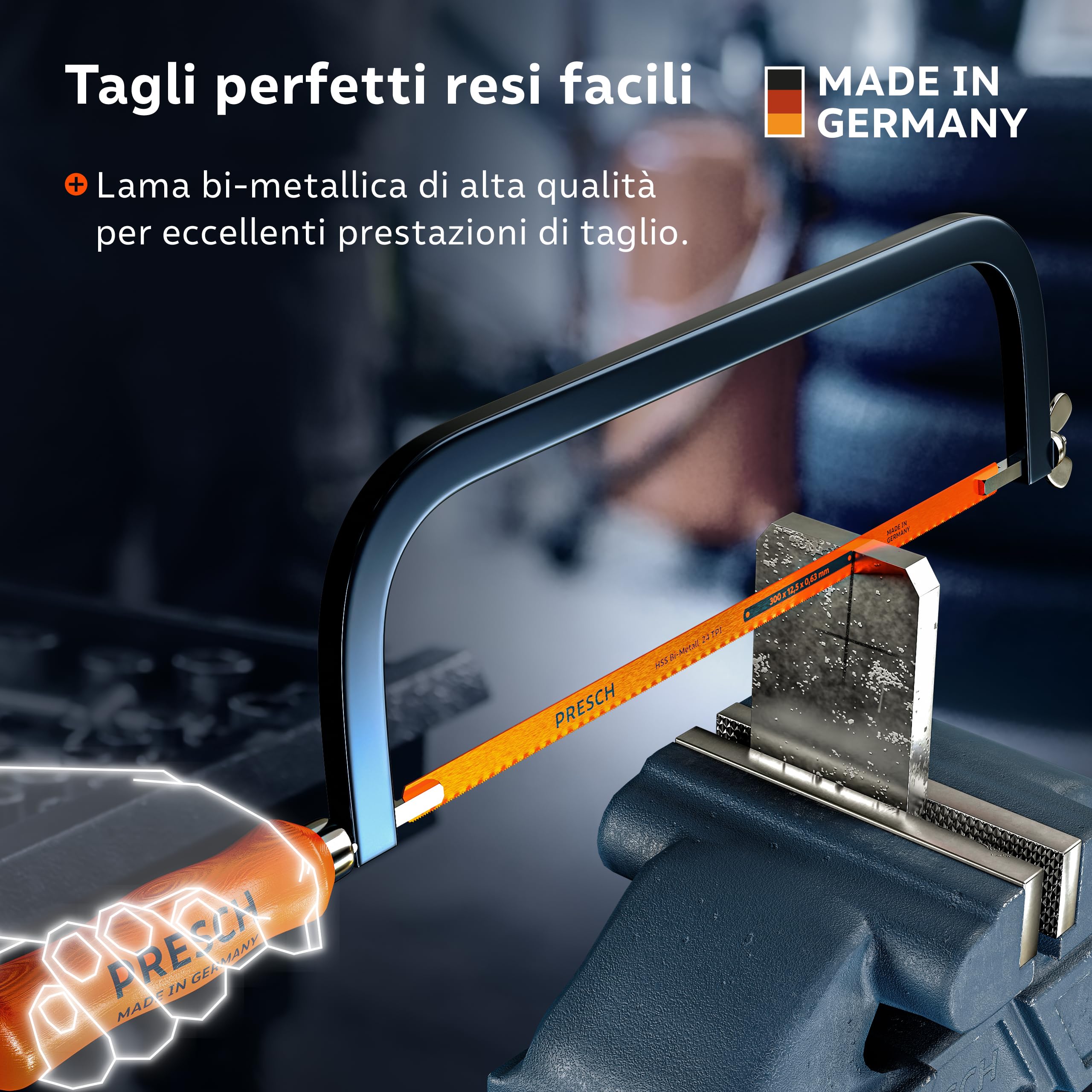 Presch Seghetto per metallo 300mm - Con lama in BI-metal per tagli precisi - Rotazione di 90° della lama per tagli orizzontali e verticali - Sostituzione rapida delle lame - Seghetto per ferro ecc.