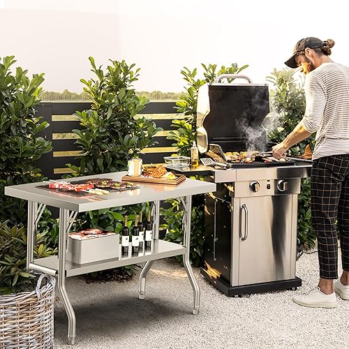 Miniatura 6 de YITAHOME Mesa plegable de acero inoxidable, mesa de preparación plegable de 48 x 24 pulgadas con estante inferior, mesa plegable de acero inoxidable