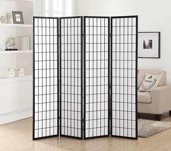 Roundhill Furniture Oriental Shoji 4 Panel Screen Room Divider, Black