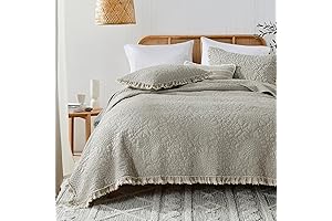HORIMOTE HOME Beige Ruffled Quilt King Size, Stone Washed Microfiber Farmhouse King Size Quilt Set