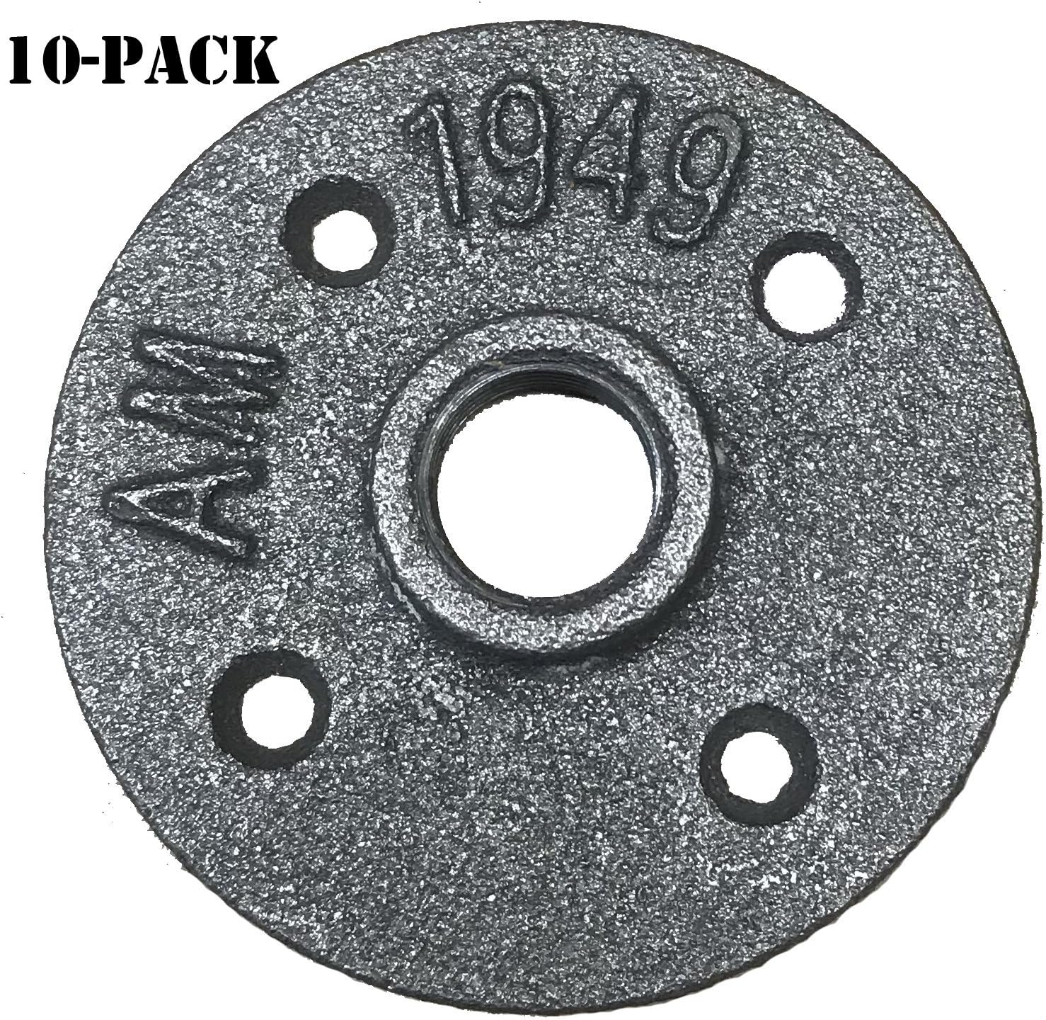 William Roberts Vintage 10 Pack Black Floor Flange Pipe Fitting, DIY Pipe Shelf Mounting Base, Industrial Pipe Furniture Fittings, NO China Stamp (1/2")