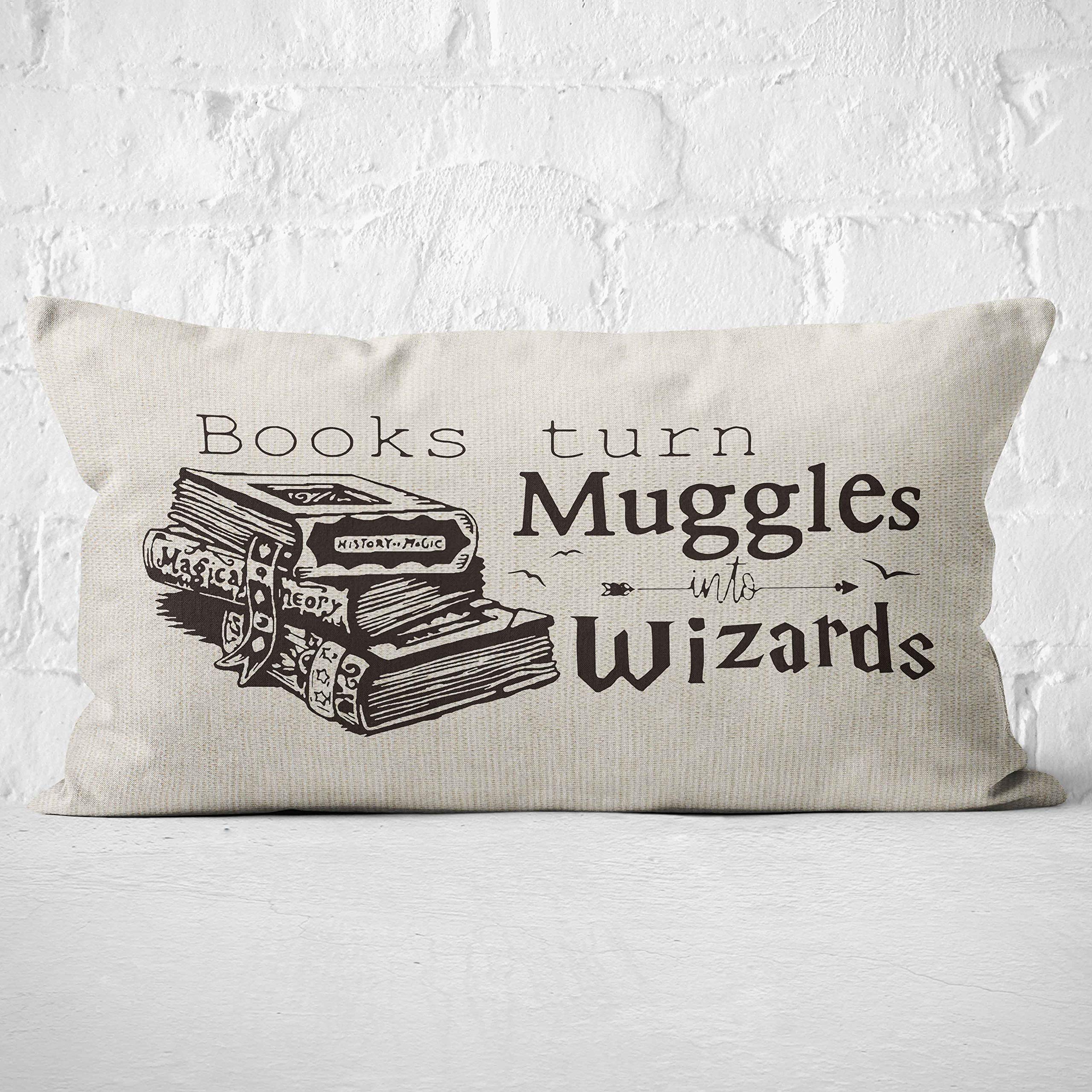Books Turn Muggles Into Wizards Throw Pillow Case, Gift for Book Lover, Book Club Gift, College Dormitory Decor, Bedroom Reading Book Club Decor, 20 x 12 Inch Linen Cushion Cover for Sofa Couch Bed