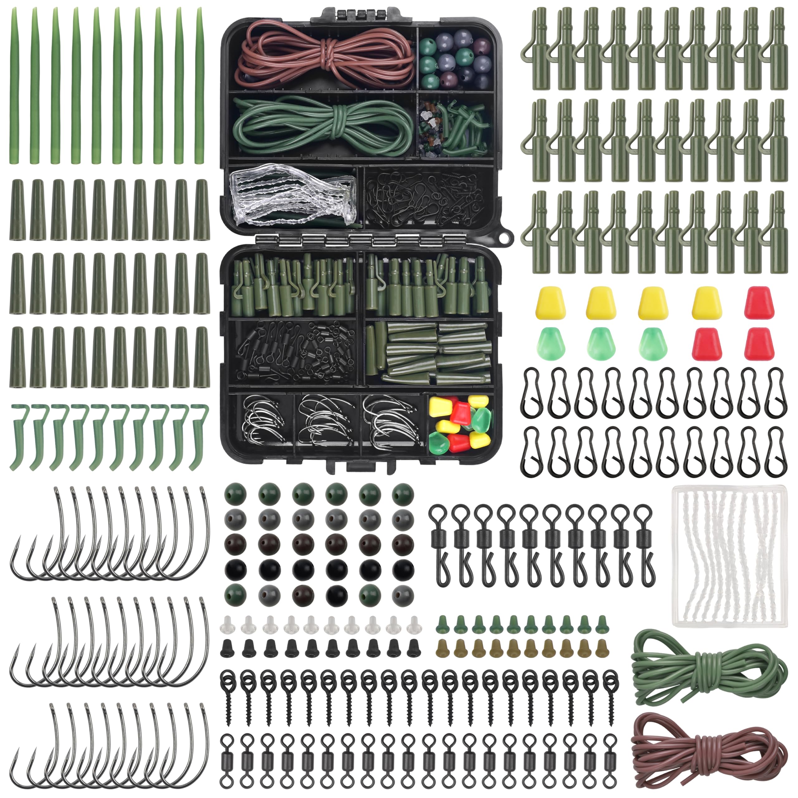 362pcs Carp Fishing Tackle Box Set Carp Fishing Accessories Carp Rigs Making Kit Including Carp Hooks Safety Clips Swivels Fishing Beads Corns Rig Tubing Boilie Stops