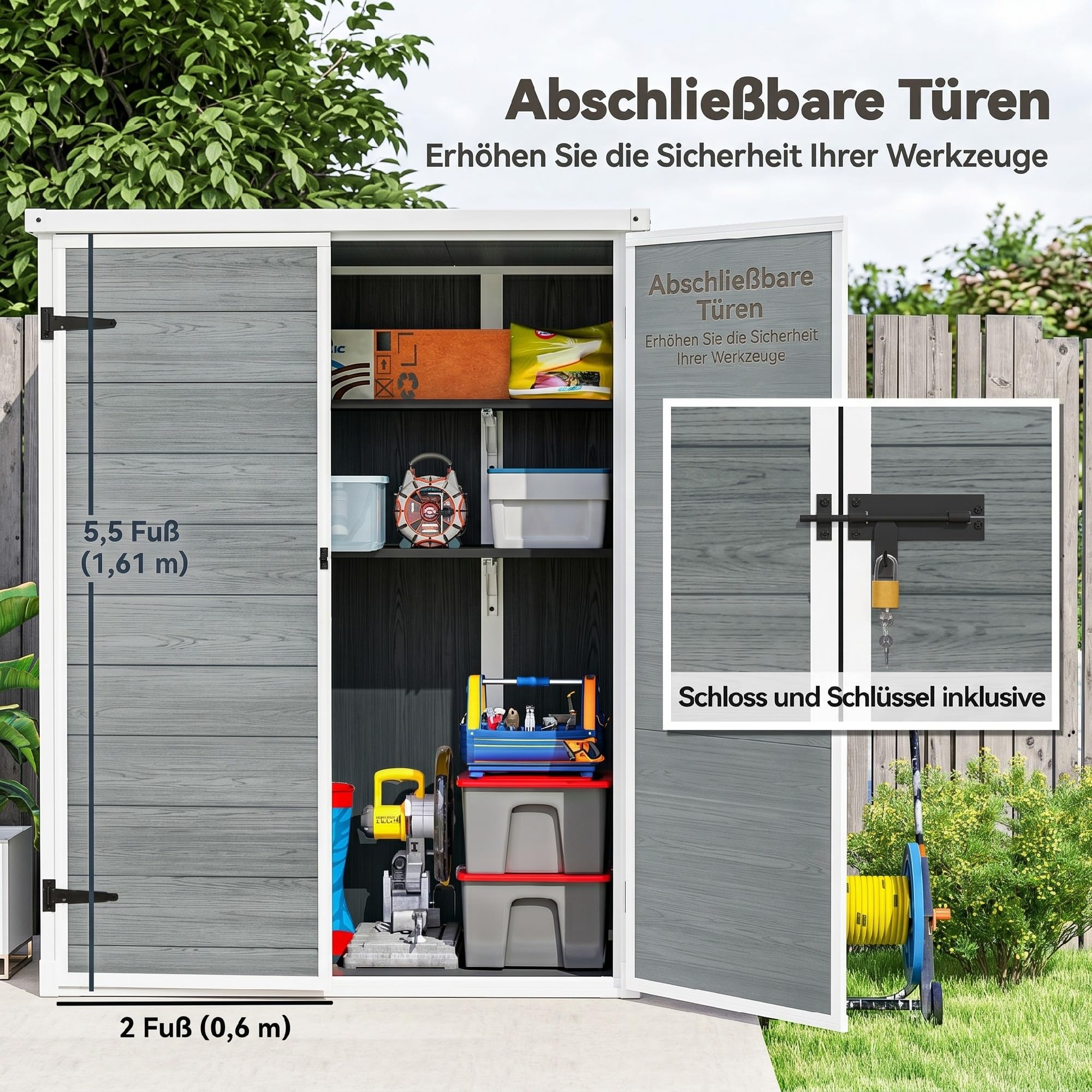 Outsunny Gerätehaus 0,8m² mit Klappbaren Regalen 134 x 68,5 x 170 cm | Kunststoff Gartenschuppen, Schnellmontage, Doppeltür, Boden, Schloss, Handschuhe, Geräteschuppen für Werkzeuge