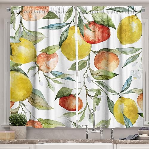 Ambesonne Cortinas de cocina natural, ramas de árbol de clementina limón y naranja, fruta deliciosa temporada de invierno, diseño de vitaminas,