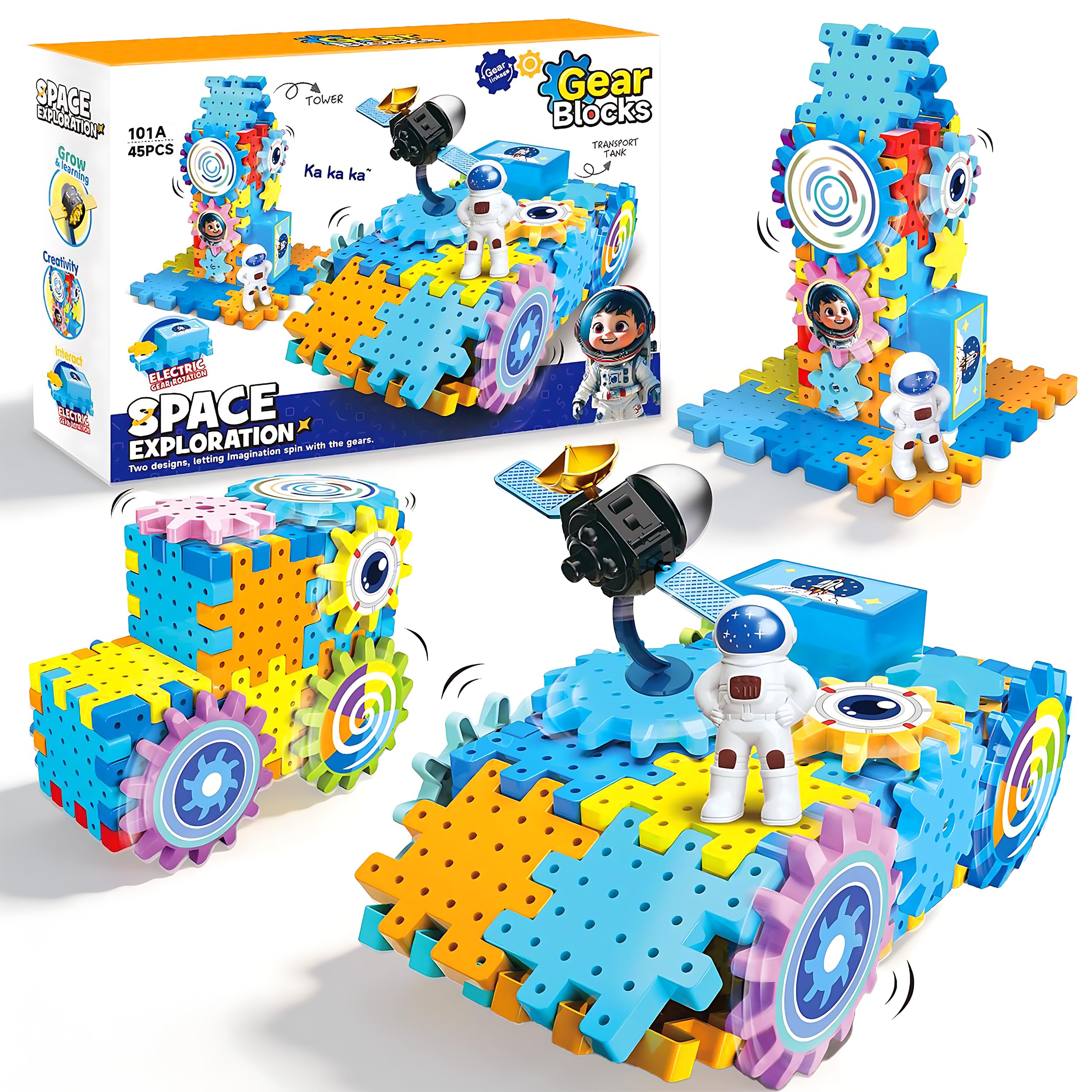 Gear Building Blocks Set Kids Tool Set, Colorful Interlocking Gears and Puzzle Pieces, Creative Construction Toy, STEM Learning (Blue Astronaut)