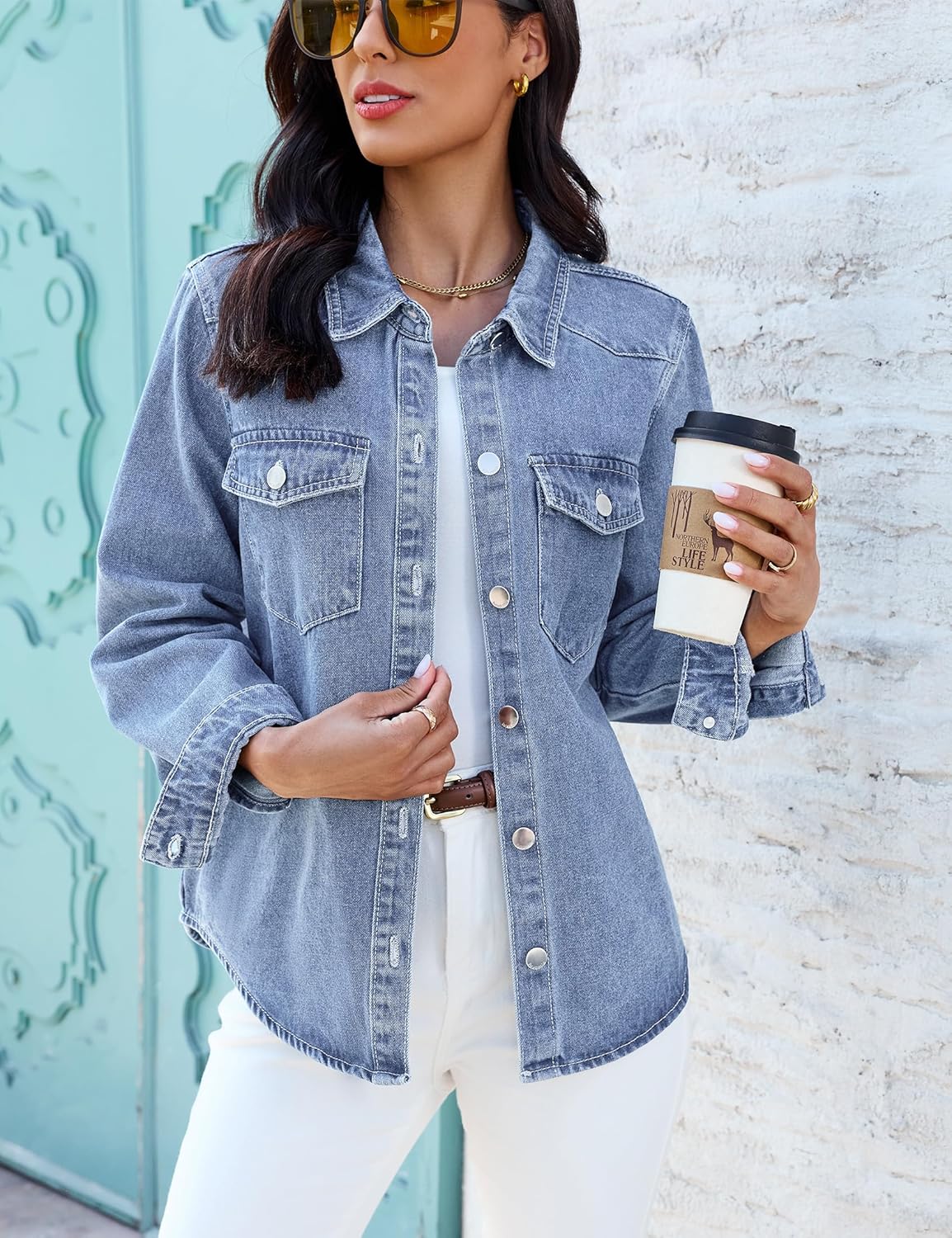 luvamia Denim Jackets for Women Trendy Long Sleeve Distressed Jean Button Down Shirts Jacket Shacket Trucker Jacket - Image 6