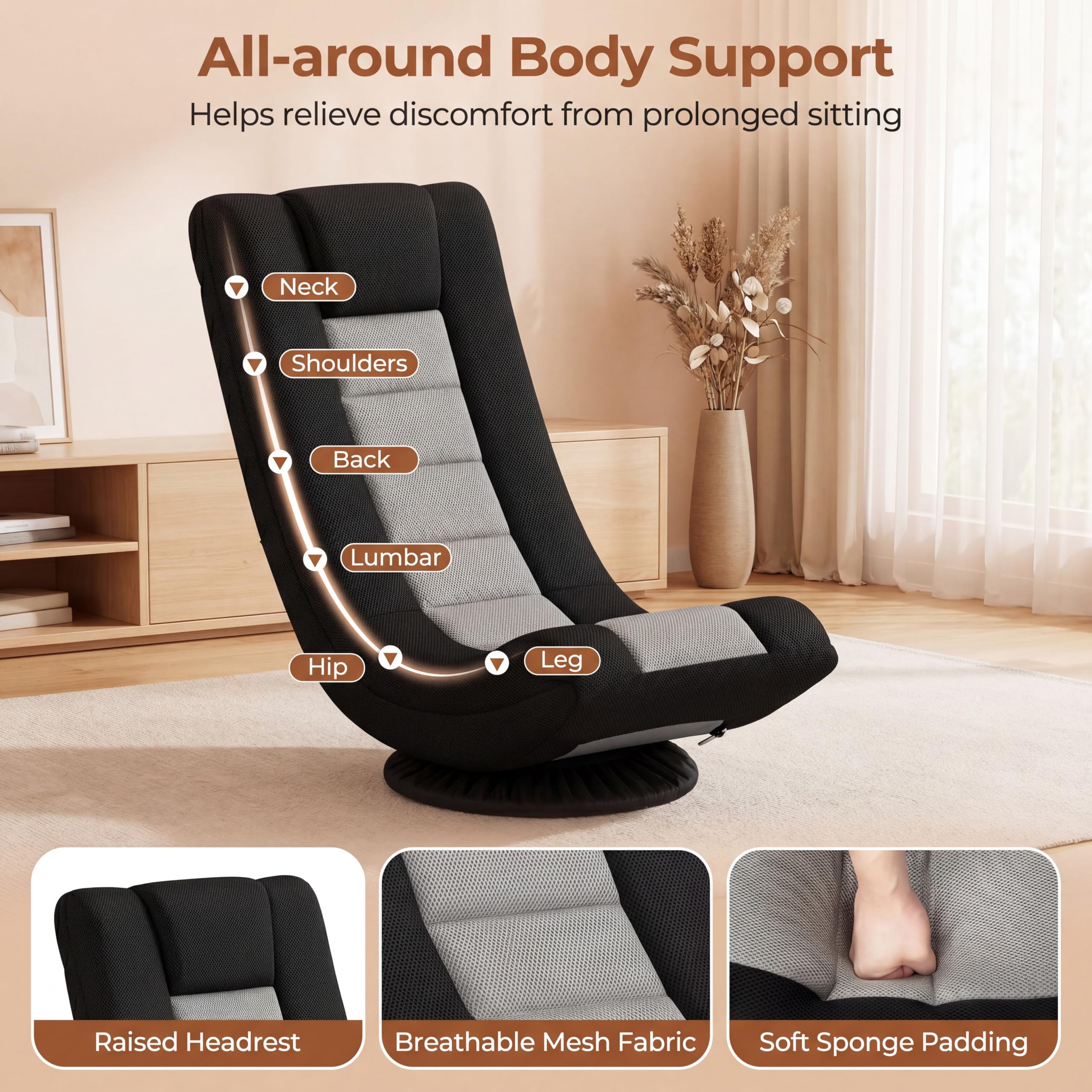 RELAX4LIFE Bodensessel Klappbar, Bodenstuhl mit 4-Fach Verstellbarer Rückenlehne, 360° drehbarem Sockel & Nackenpolster, Meditationsstuhl gepolstert, Gamingsessel Relaxsessel für Wohnzimmer (Grau)
