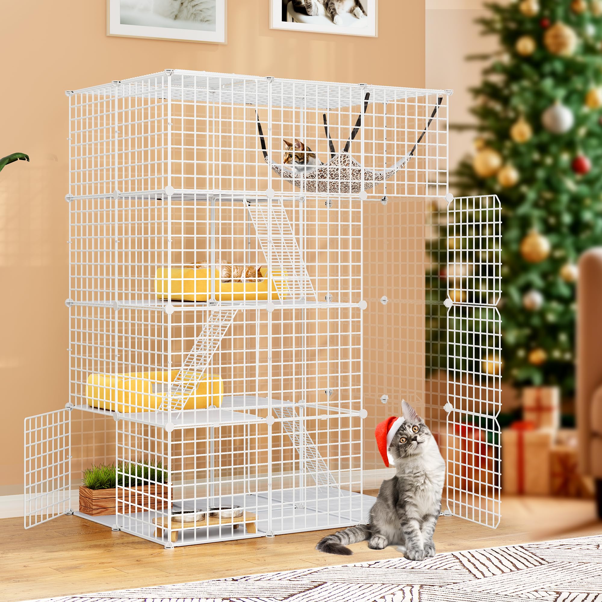 YITAHOME Indoor Cat Cage, Spacious 4-Tier Metal Playpen with Large Hammock, DIY Enclosure for 1-3 Cats, Small Pets (White)
