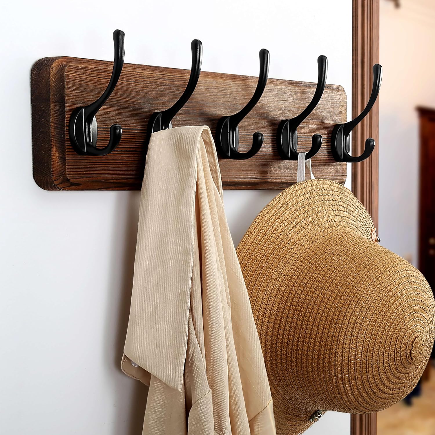 Dseap Wall Mounted Coat Rack: Patented, Heavy-Duty, 17.4" Long 5-Double-Hooks Wooden Hanger Rail for Winter Coats, Hat, Jacket, Clothing - Natural & Black - Image 9