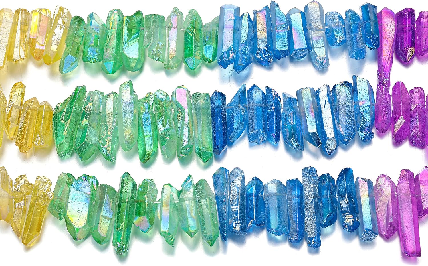 Top Plaza Rough Irregular Aura Crystals Stone Points Sticks Shard Loose Beads for Crafts Jewelry Making Natural Raw Rock Bulk Crushed Titanium Coated Quartz Points 16" Strand - 7 Chakra