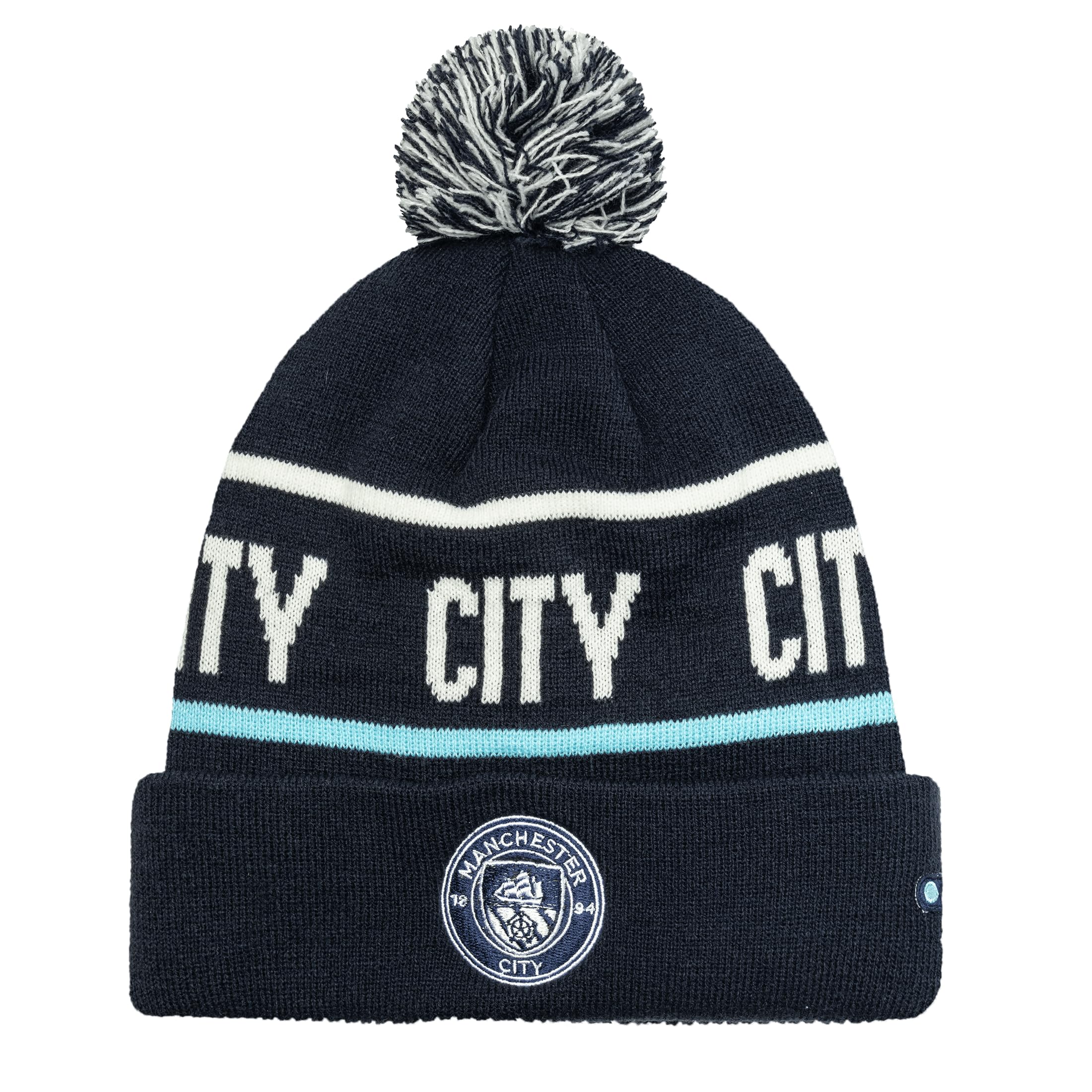 MANCHESTER CITY Crest Bobble Hat Licensed Man City MCFC Beyond The Noise Winter Knit Beanie, Navy Blue, One Size