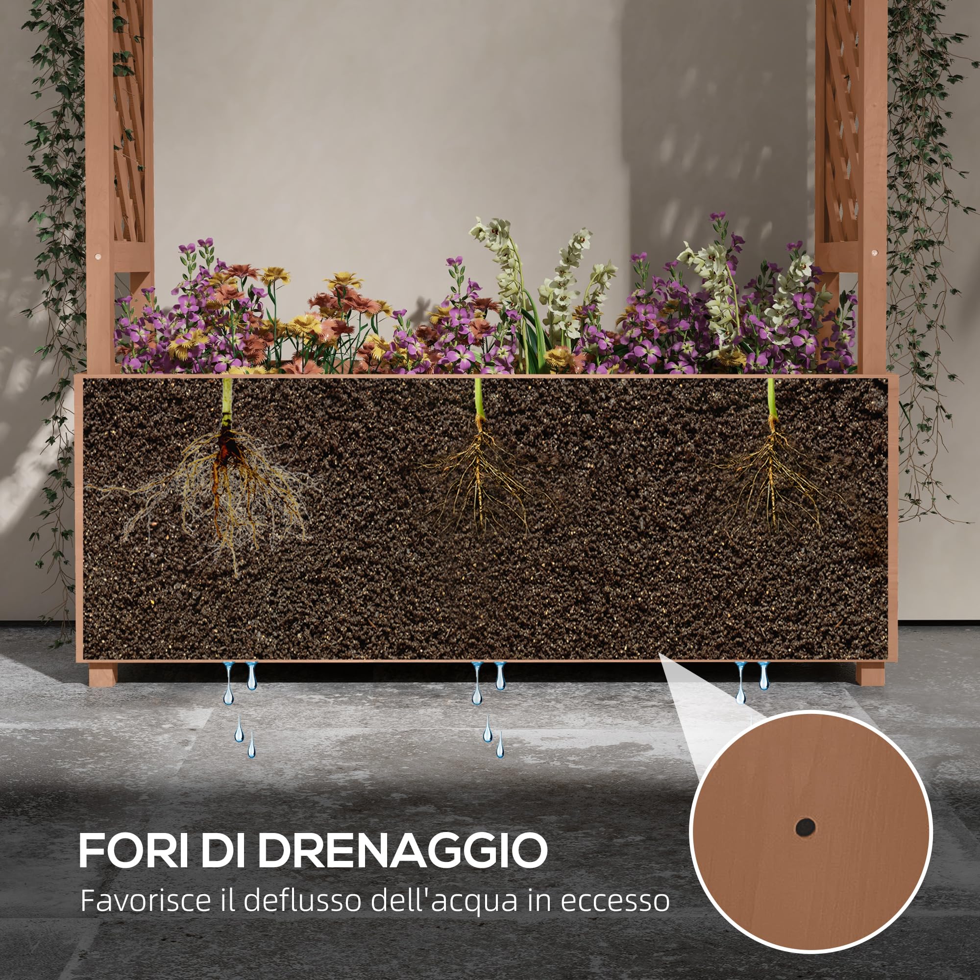 Outsunny Fioriera con Grigliato e Tettuccio in Legno di Abete, Fioriera da Esterno con Fori di Drenaggio, 112x41x180 cm, Marrone