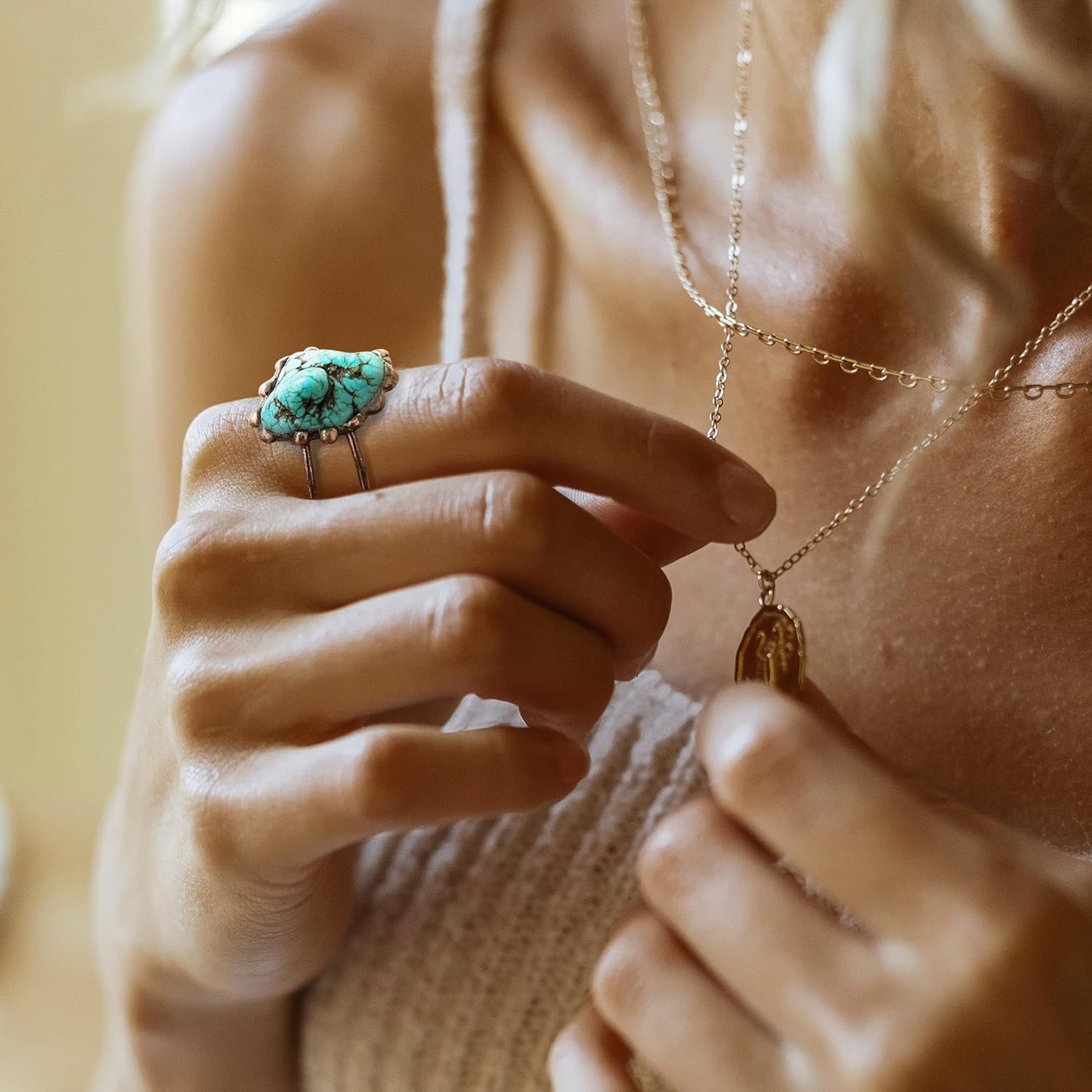 Natural Gemstone Rings for Women, Raw Crystal Rings with Soldering Bronze Band for Men, Handmade Boho Vintage Turquoise Fluorite Citrine Jewelry Open Ring, Adjustable Ring. - Image 4