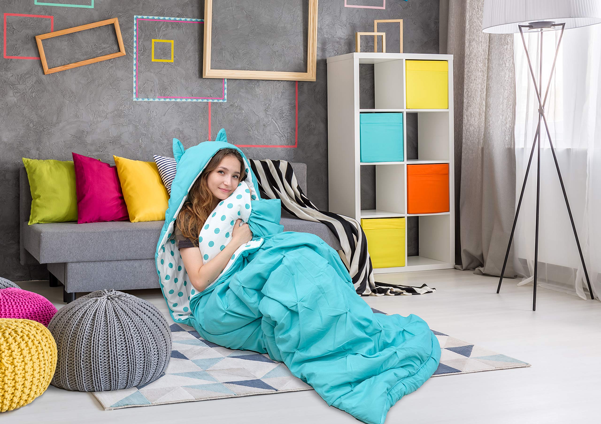 Chic Home Oscar Sleeping Bag with Cat Ear Hood Pinch Pleat Design with Polka Dot Interior for KidsTeens & Young Adults Zipper Closure, Twin X-Long, Aqua