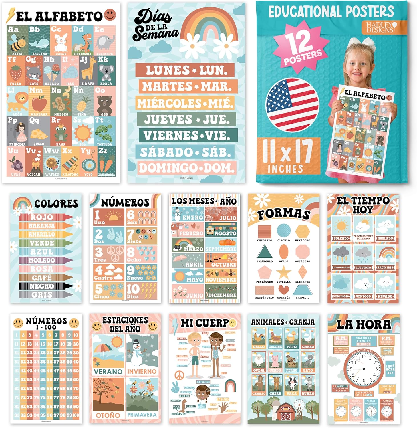 Hadley Designs Decoraciones de aula española  12 carteles en español para aula primaria, Abecedario para niños en español, carteles educativos