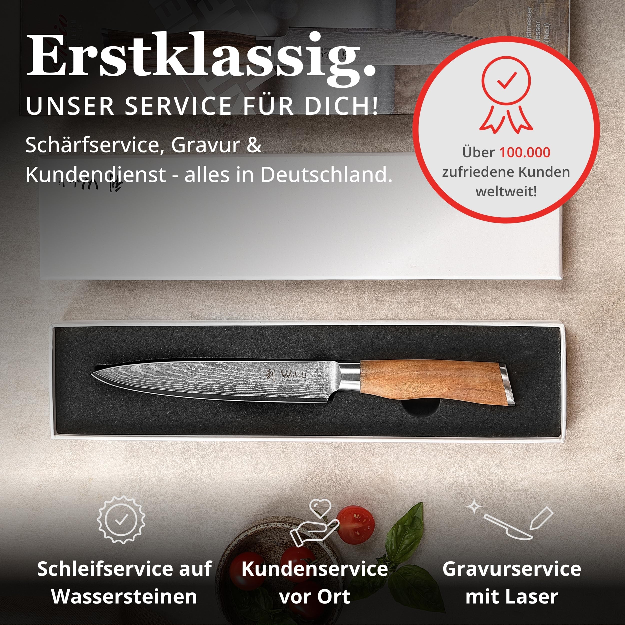 Wakoli Olive Tranchiermesser mit 17 cm Klinge aus 67 Lagen Damaststahl mit VG10 Kern, Fleischmesser mit Olivenholzgriff, Damastmesser in Geschenkbox für Fleisch und feine Schnitte