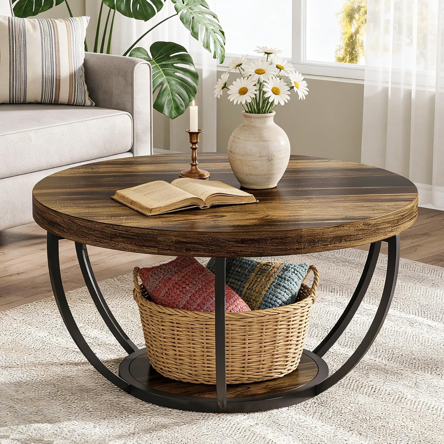 Tribesigns Round Coffee Table, Farmhouse 32" Circle Coffee Table for Living Room, Modern 2-Tier Wood Accent Center Table with Storage Open Shelves, Rustic Brown