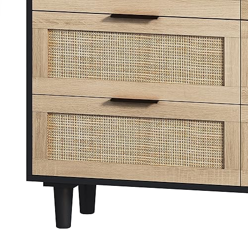 Miniatura 5 de Cómoda de 6 cajones, cómoda de ratán de 43 pulgadas, mueble organizador de armario de almacenamiento doble de mediados de siglo con cajones de ratán