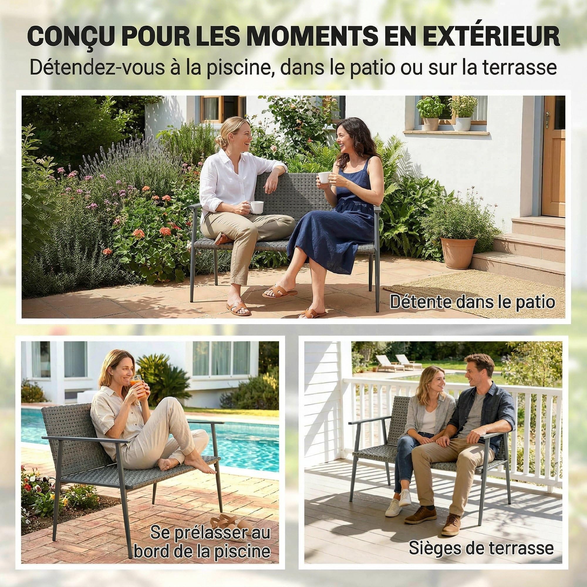 Outsunny Panca da Giardino a 2 Posti in Resina Intrecciata PE con Braccioli, Schienale e Gambe Regolabili, Struttura in Acciaio Zincato, Grigio
