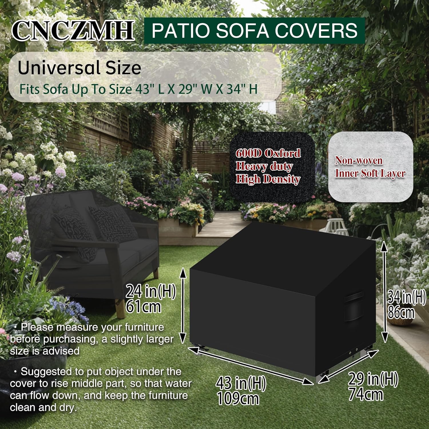 Heavy Duty Patio Sofa Covers Waterproof, Outdoor 3-Seater Couch Cover Waterproof, 600D Outdoor 2-Seater Loveseat Furniture Covers with Air Vent Handle 43''W x 29''D x 24''H/ 34''H Black