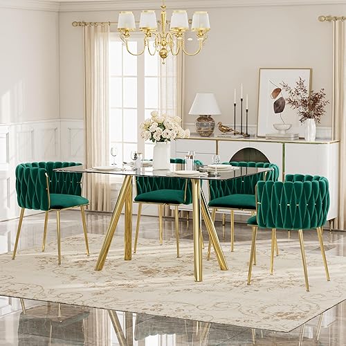 Miniatura 43 de Glam Style - Juego de mesa de comedor de 5 piezas para 4, mesa de comedor rectangular de vidrio templado de 51 pulgadas con base de metal dorado