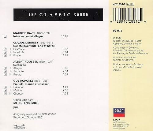 Miniatura 2 de Ravel Introduction and Allegro Debussy Sonata for Flute, Viola and Harp Roussel Serenade Ropartz Prelude, Marine and Chanson