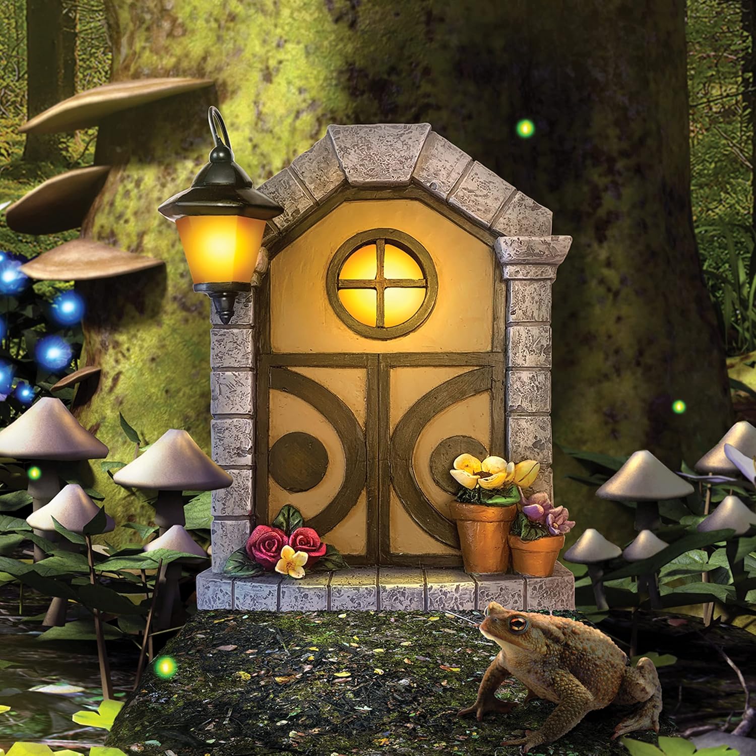 Fairy Door for Trees and Walls with Porch and Window Lights, Solar Powered LED Light-up 11" Tall