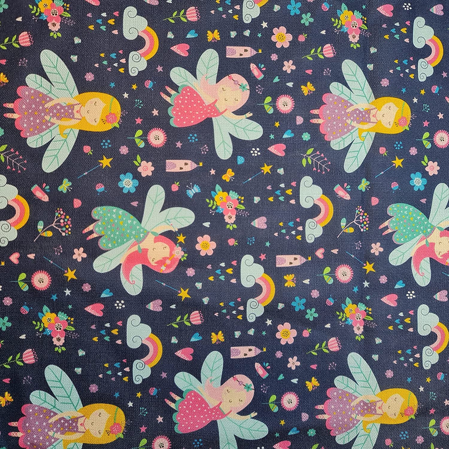 100% Cotton Poplin Daisy Flower Print Fabric Dress Craft Soft Fabric 58" (Dancing Fairy Navy, 1 Meter)