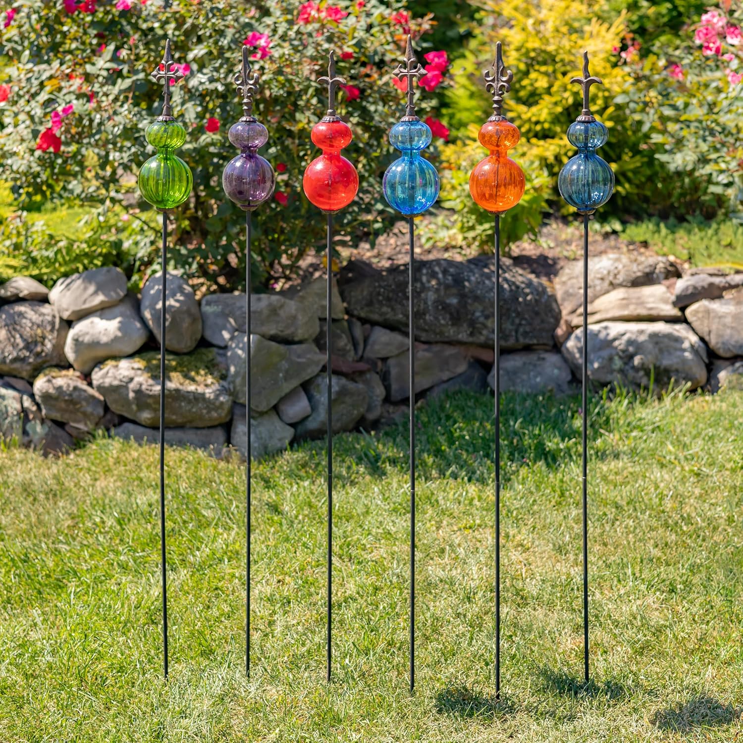 Colored Blown Glass Garden Stake with Cast Iron Finial on Top (Candy Red (Pack of 2))