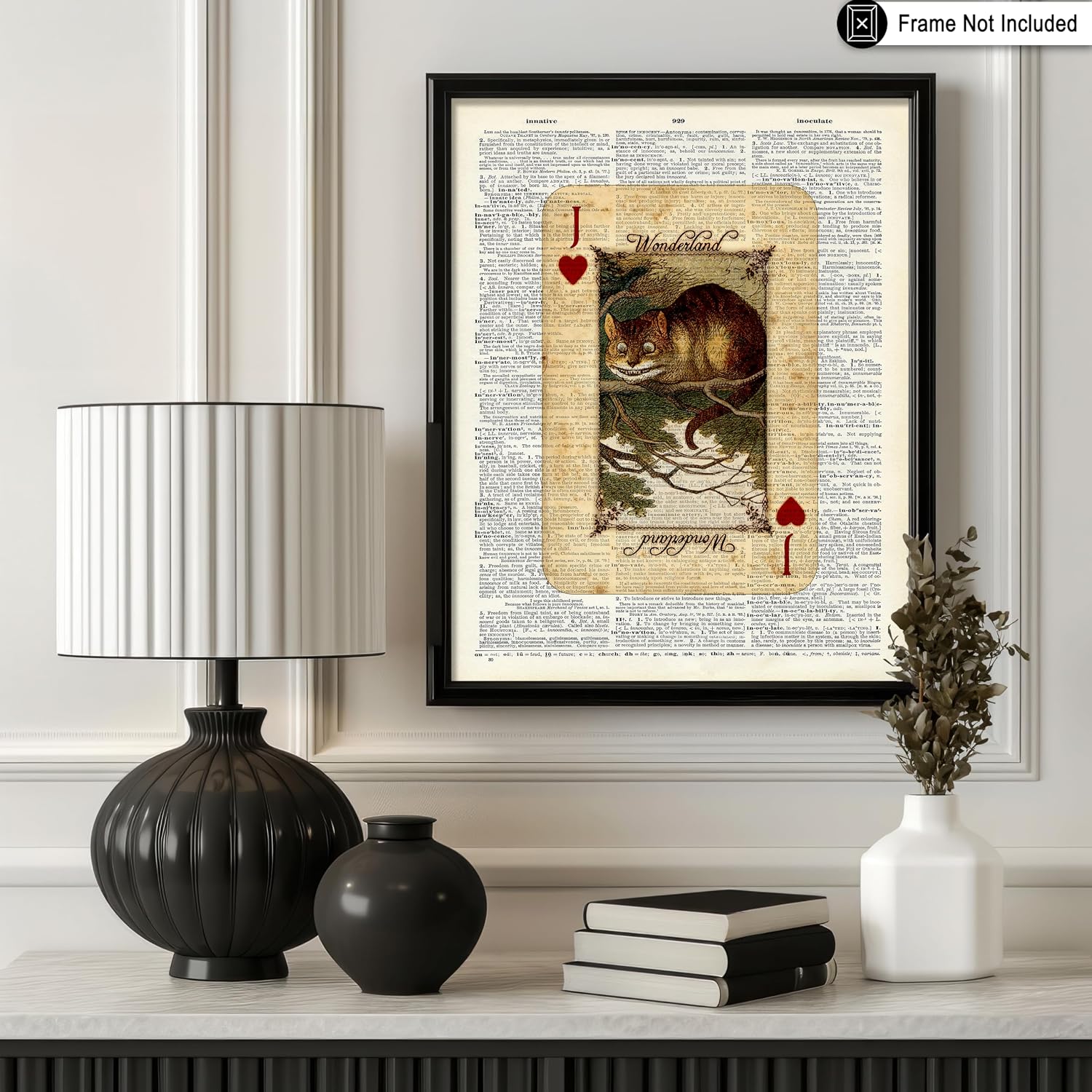 Poster Master Cheshire Cat Print - Dictionary Poster - Jack of Hearts Card Art - Alice Wonderland Wall Design - Gift for Boy, Girl - Rustic Decor for Nursery, Kid's Room - 8x10 UNFRAMED Wall Art