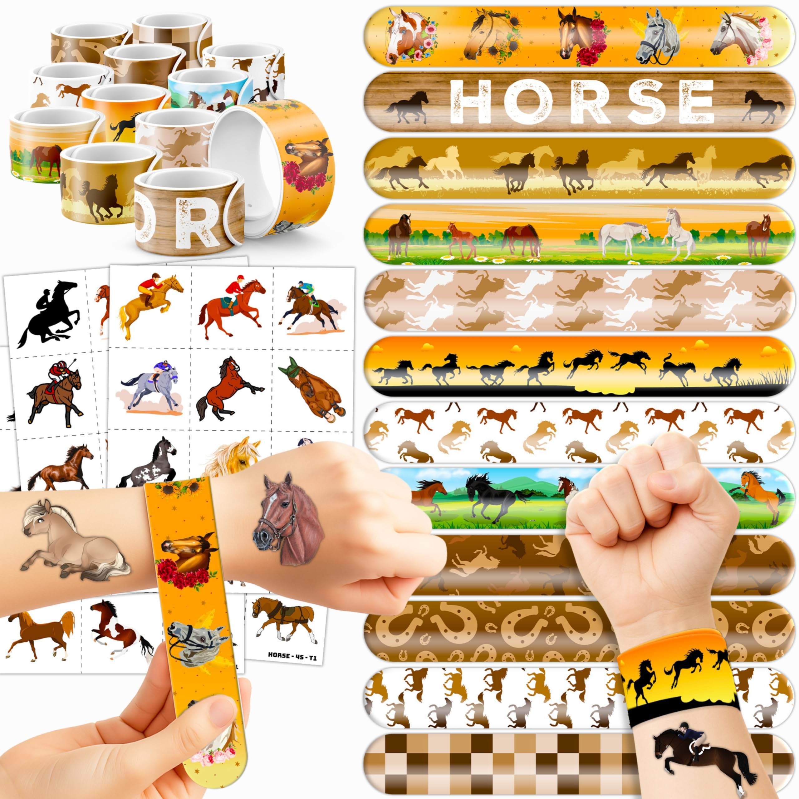 72PCS Horse Party Favors - 48 Pre-cut Temporary Tattoos & 24 Slap Bracelets, Perfect for Horse-Themed Birthdays, School Prizes, and Christmas Rewards for Kids