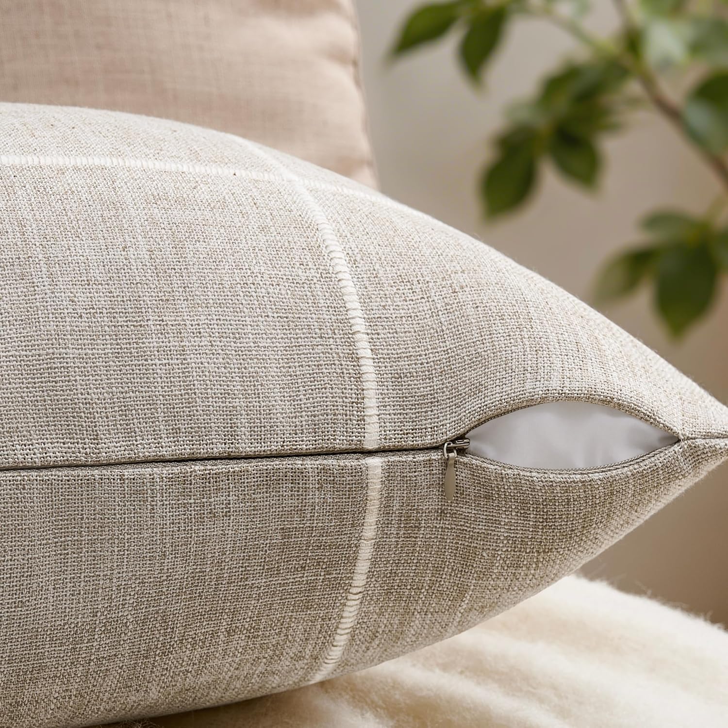 2 Packs Grid Embroidery Throw Pillow Covers 20x20in Taupe image 3